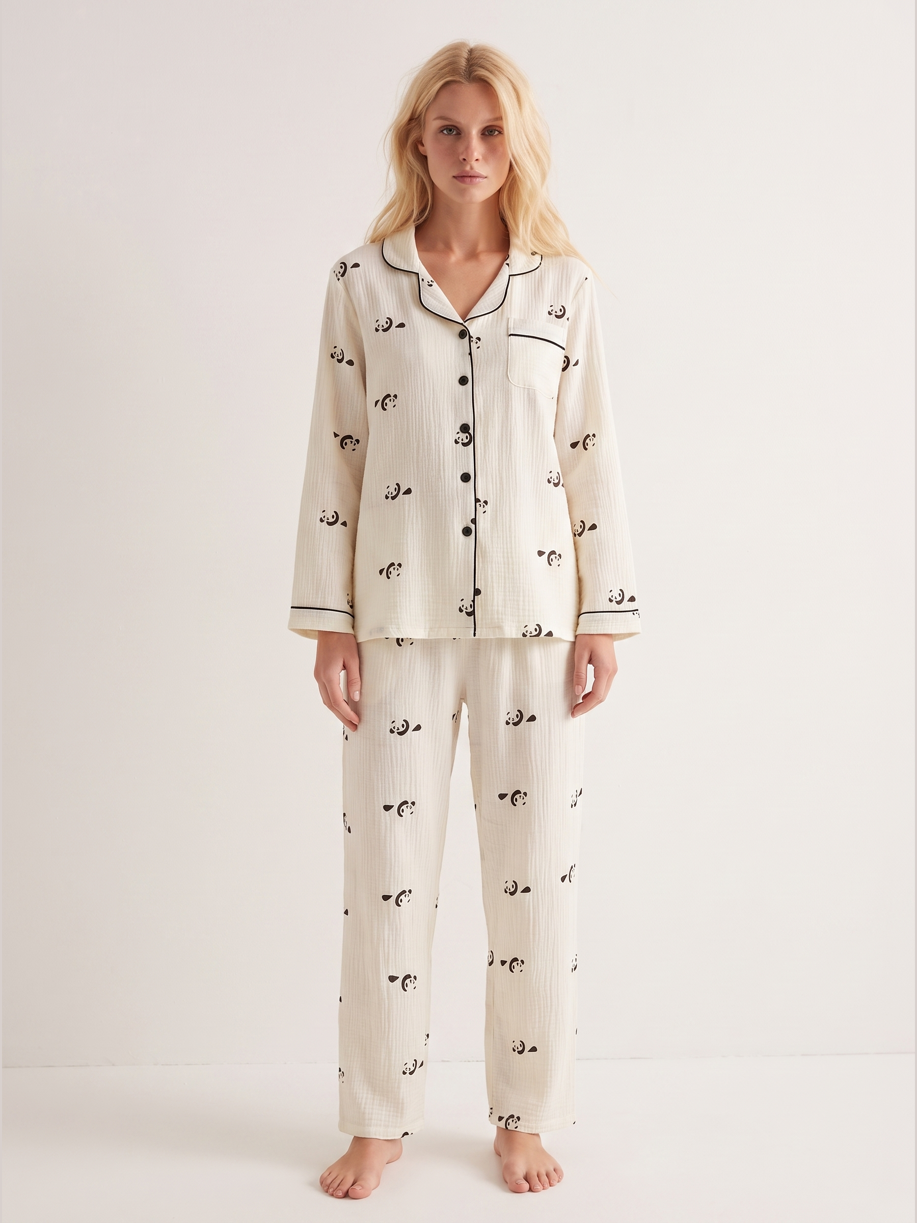 Panda Print Cotton Pajama Set #color_White