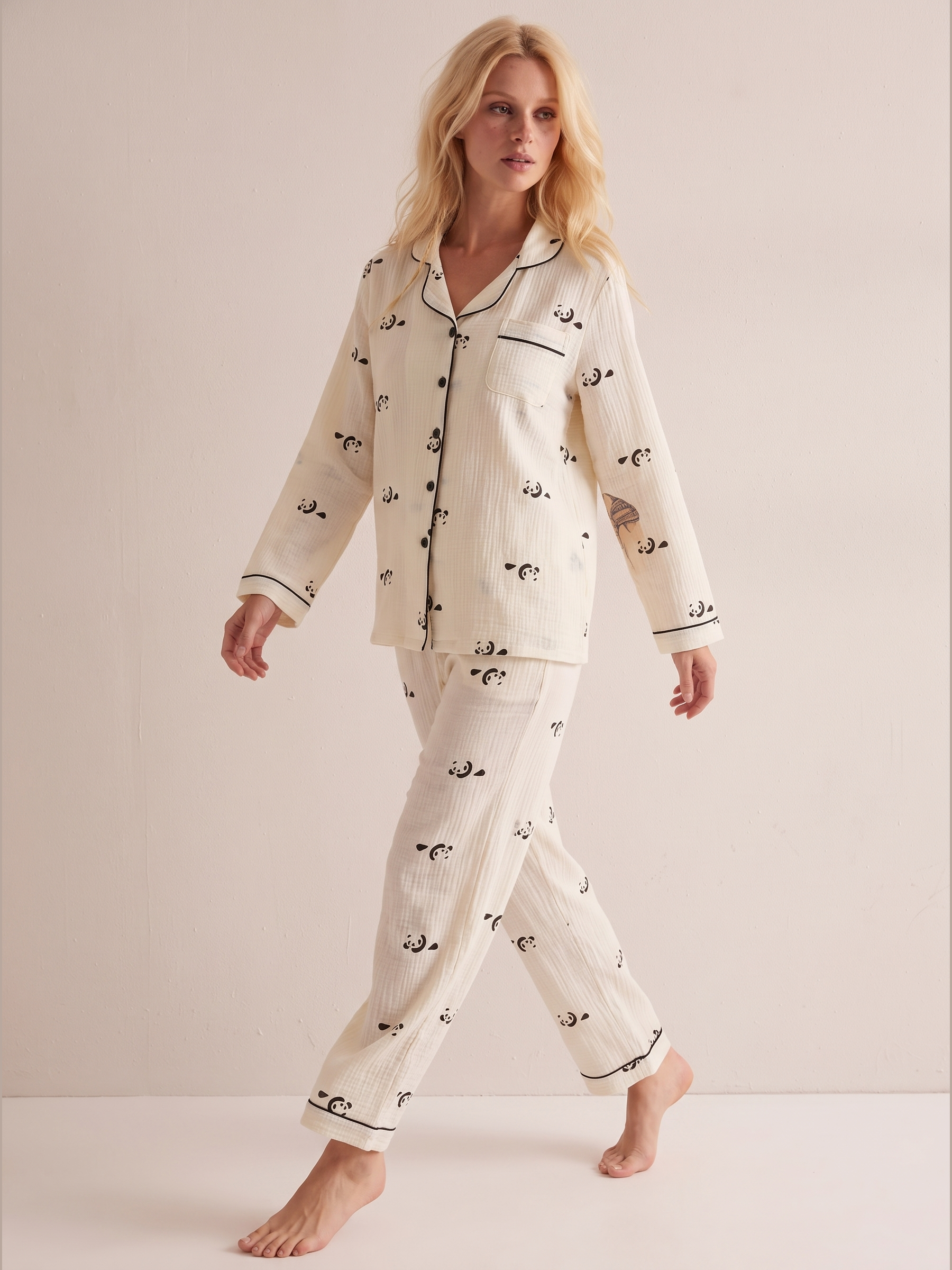 Panda Print Cotton Pajama Set #color_White
