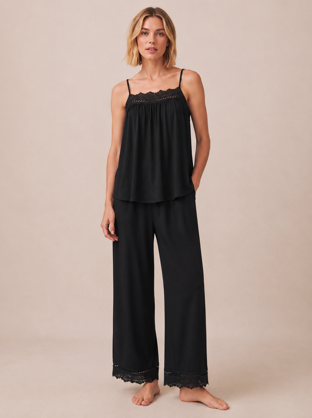 Lace Trim Viscose Pajama Set #color_Black
