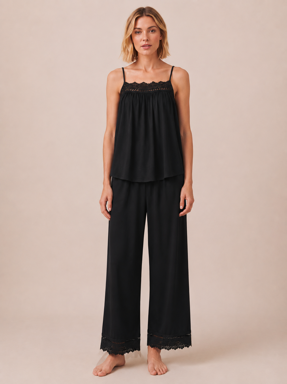 Lace Trim Viscose Pajama Set #color_Black