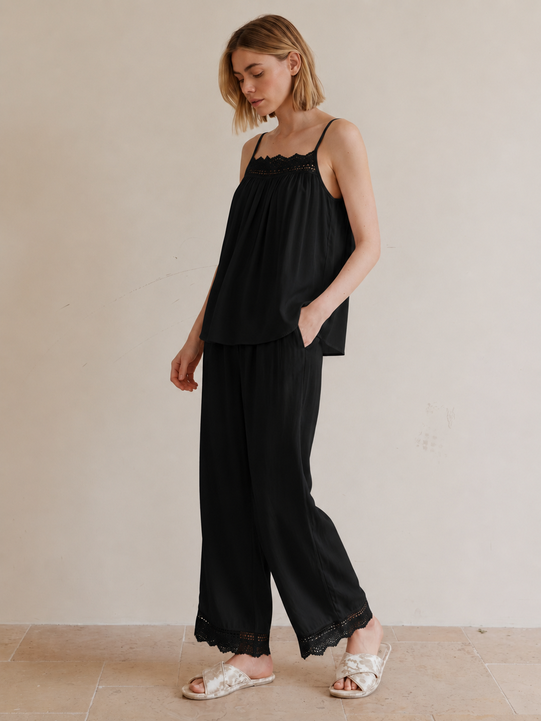 Lace Trim Viscose Pajama Set #color_Black