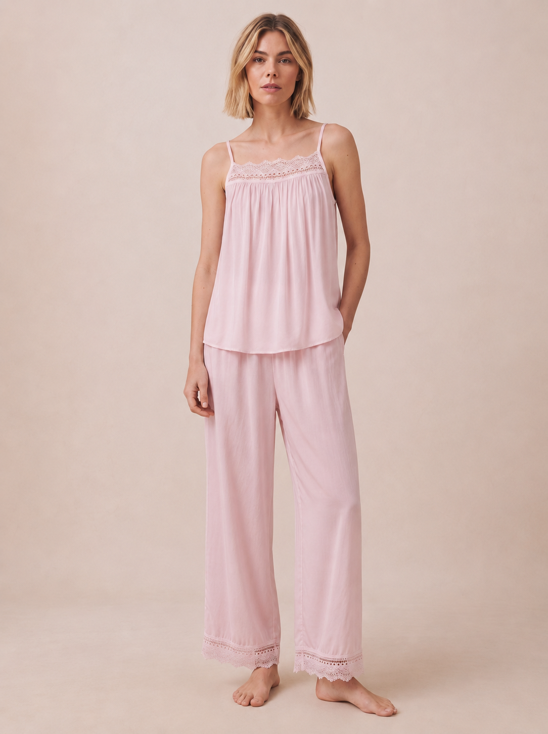Lace Trim Viscose Pajama Set #color_Coral Pink