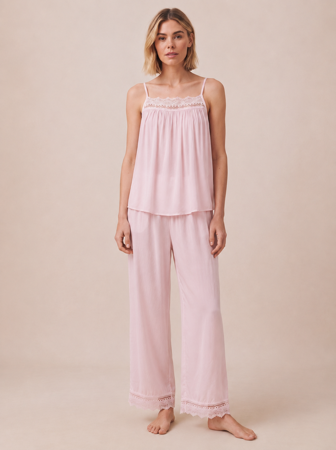 Lace Trim Viscose Pajama Set #color_Coral Pink