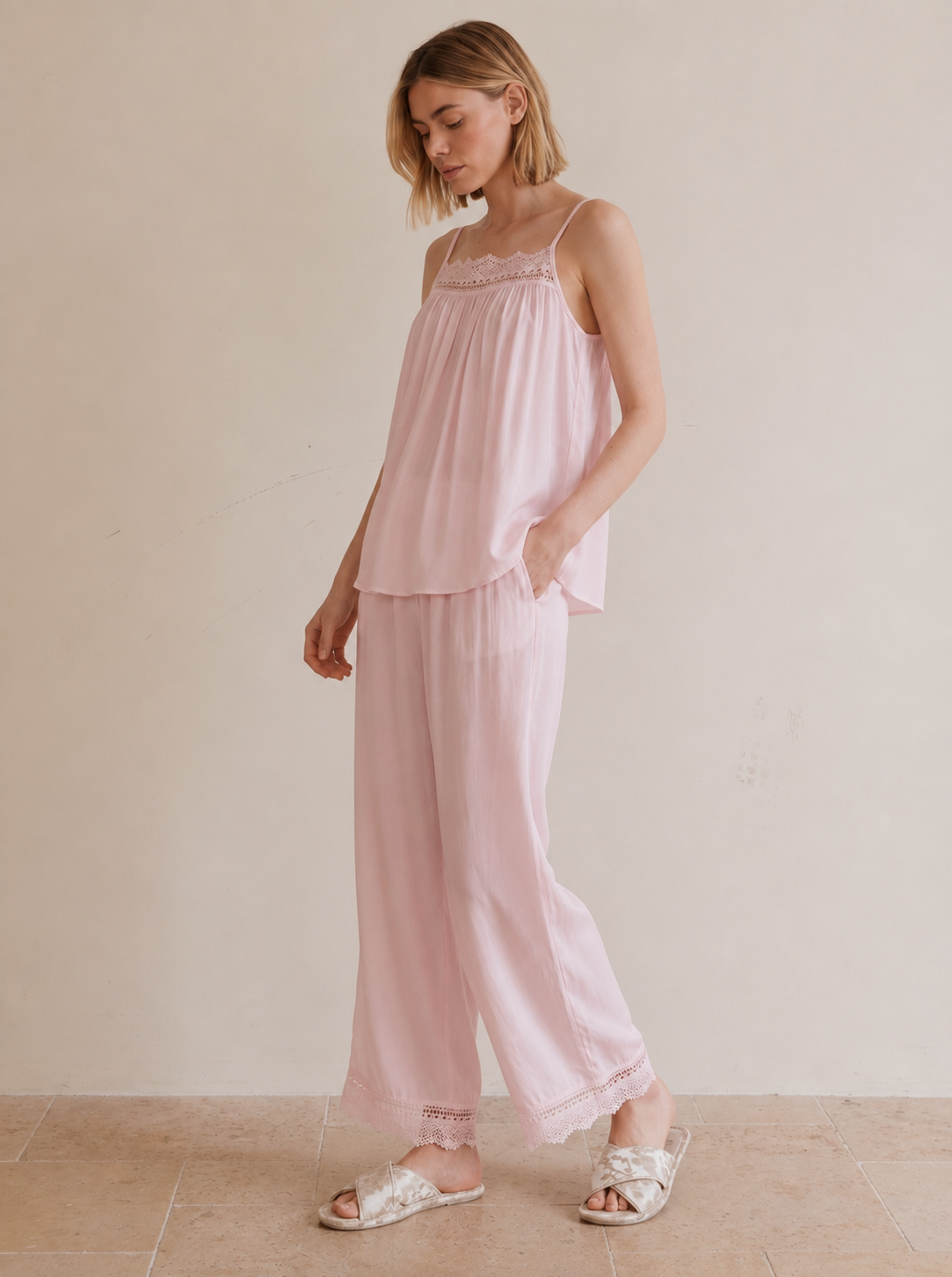 Lace Trim Viscose Pajama Set #color_Coral Pink