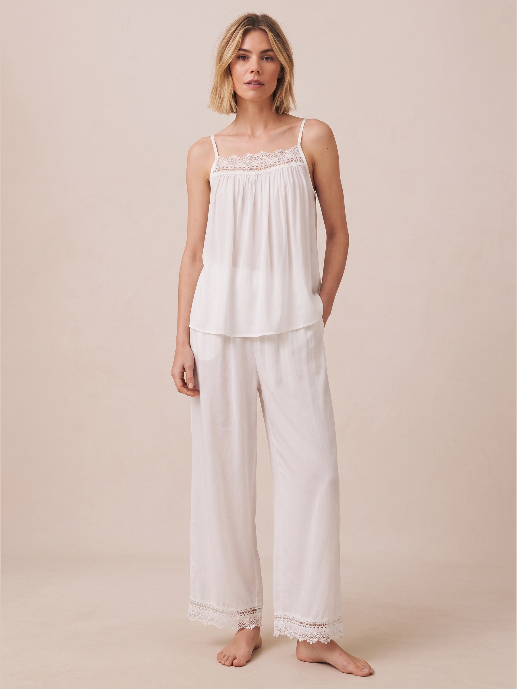 Lace Trim Viscose Pajama Set #color_White