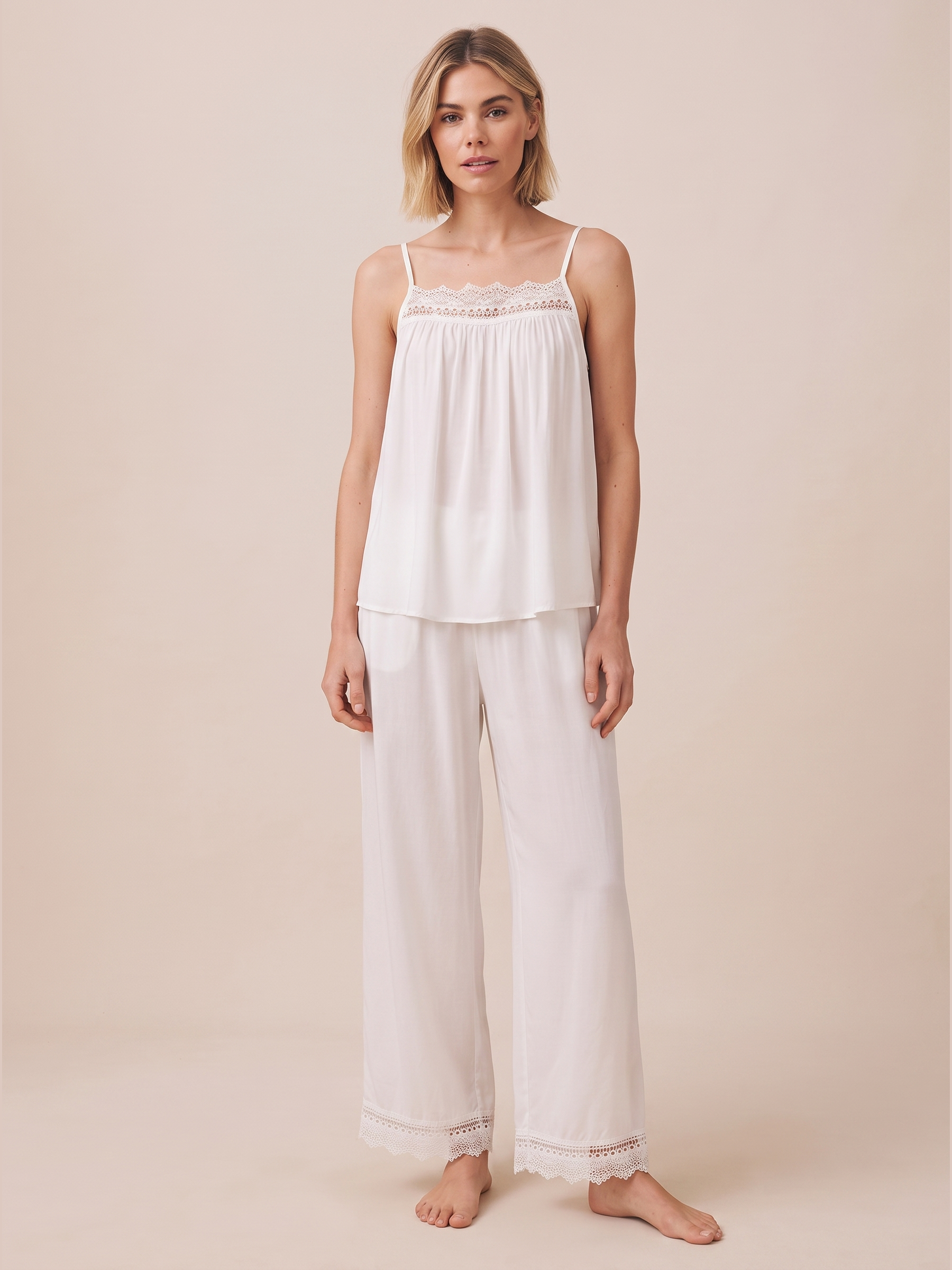 Lace Trim Viscose Pajama Set #color_White