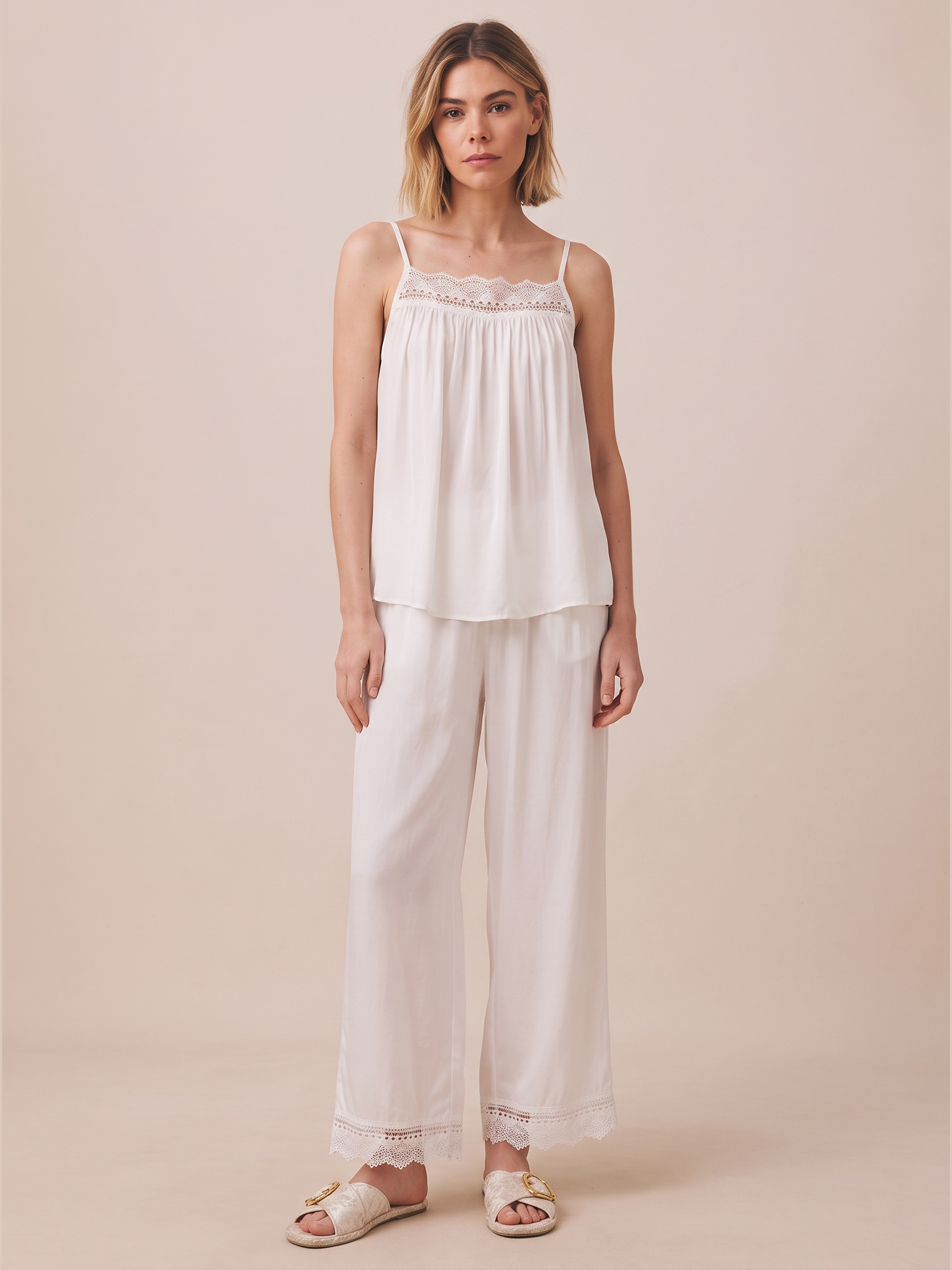Lace Trim Viscose Pajama Set #color_White