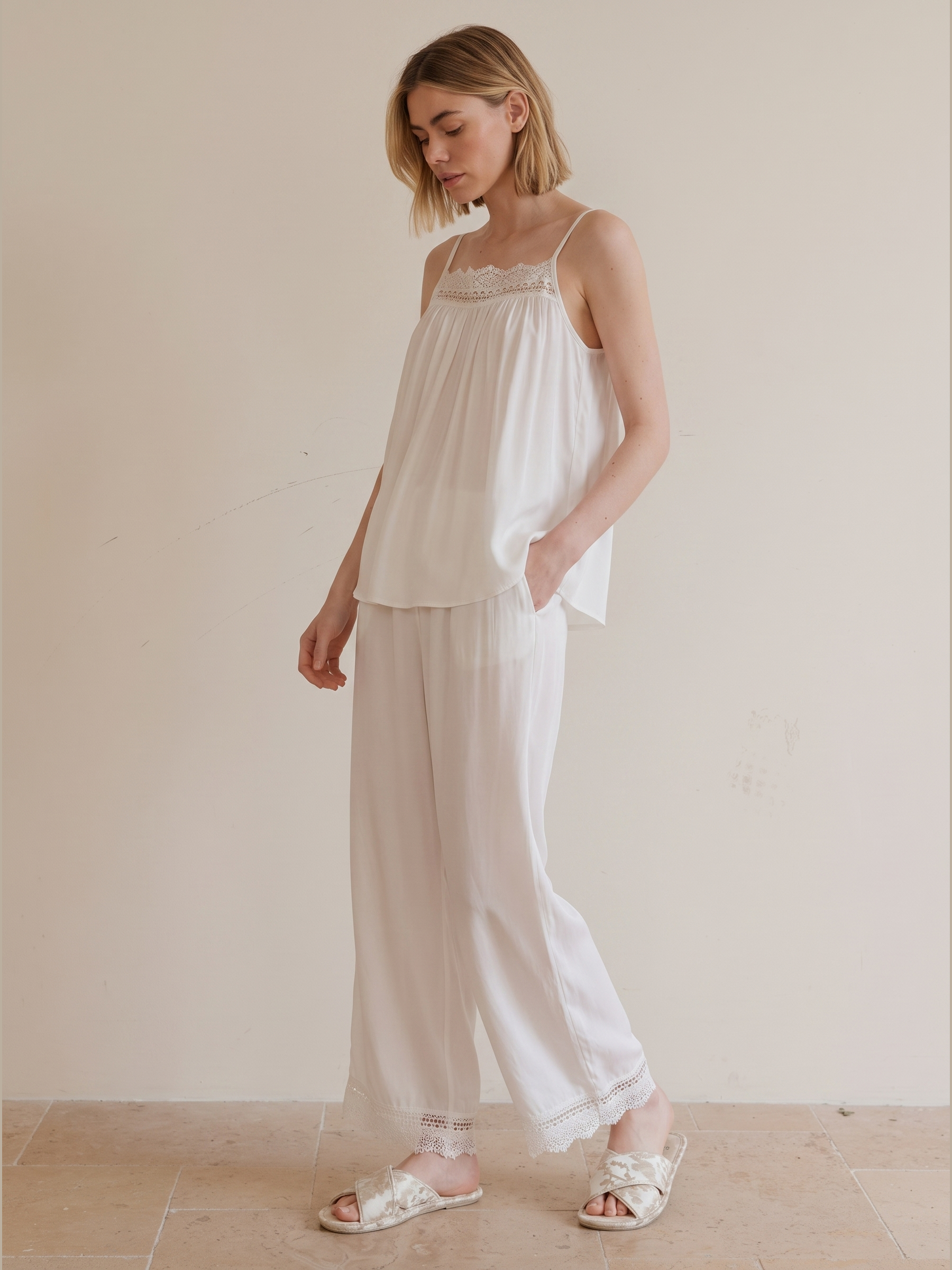 Lace Trim Viscose Pajama Set #color_White