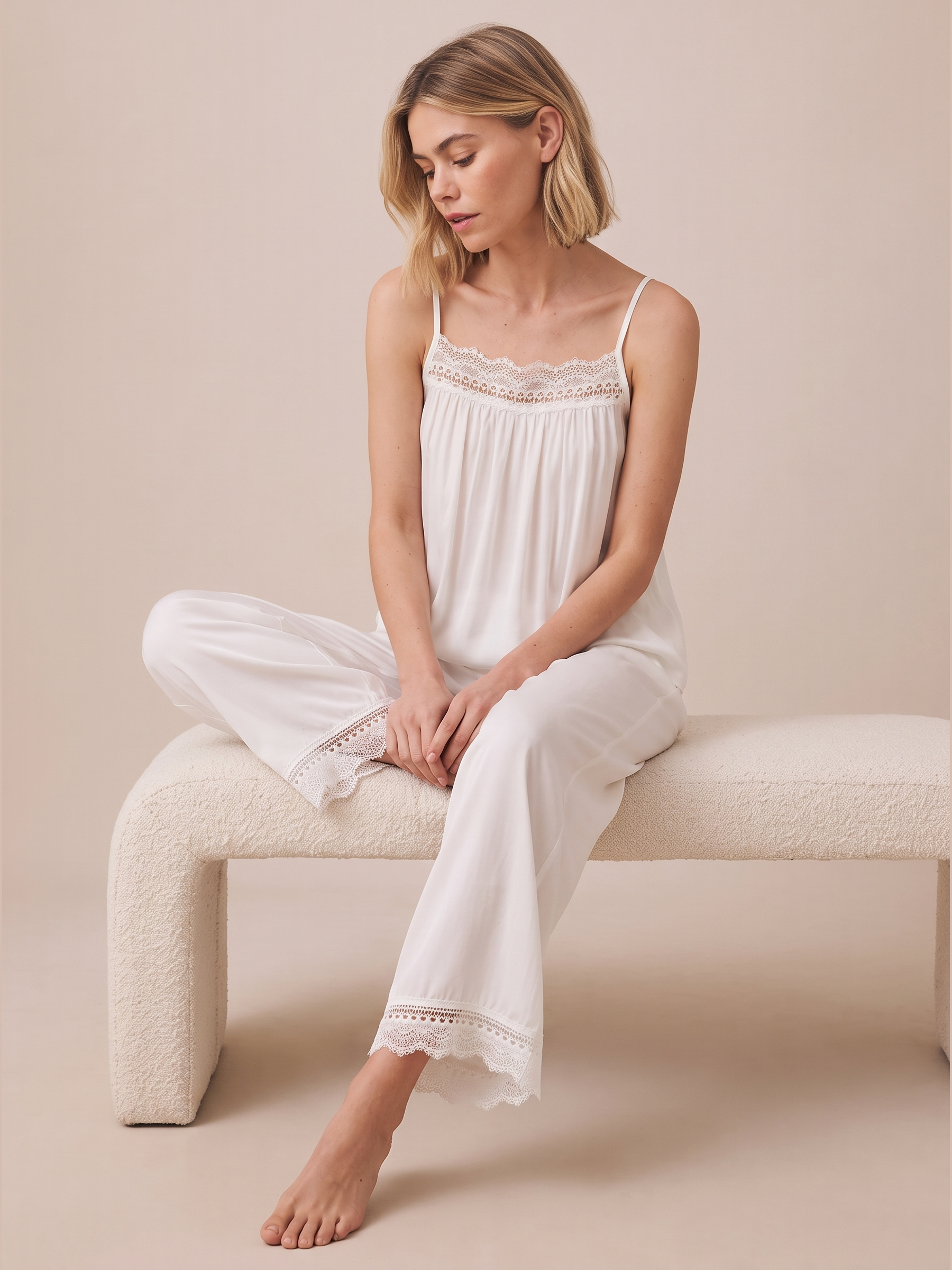 Lace Trim Viscose Pajama Set #color_White