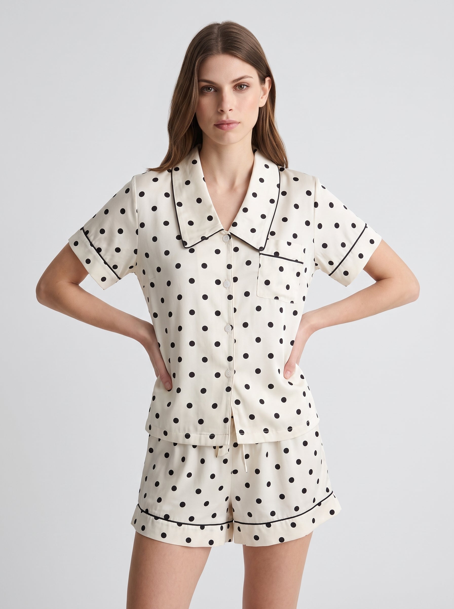 Piped Viscose Short Pajama Set #color_Polka Dot