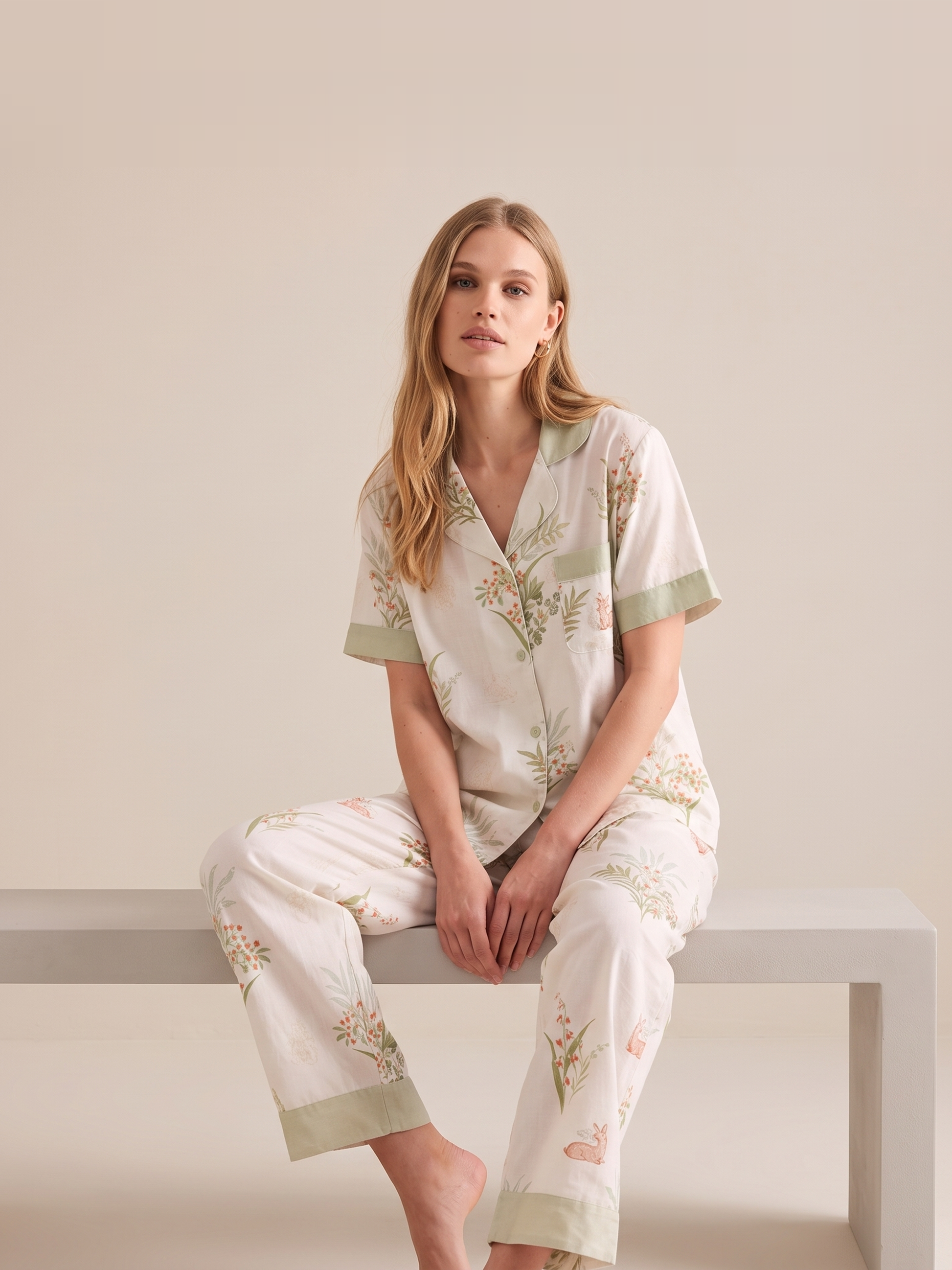 Bamboo Cotton Gauze Short Sleeve Pajama Set #color_Misty Garden