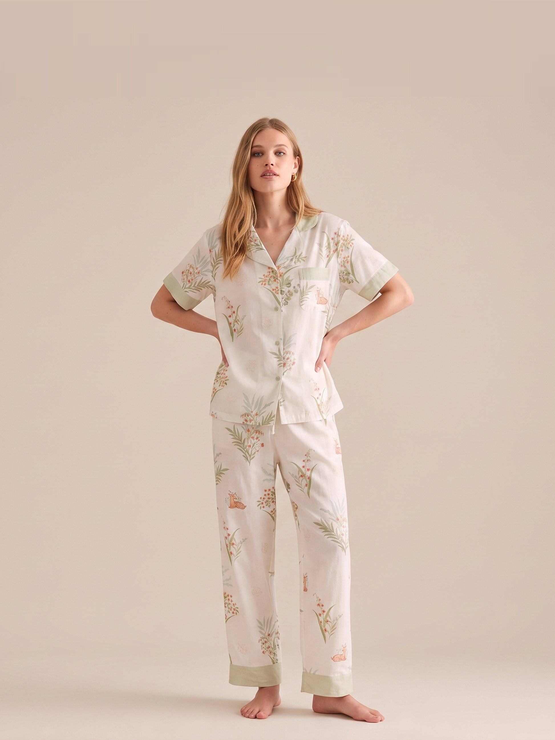 Bamboo Cotton Gauze Short Sleeve Pajama Set #color_Misty Garden