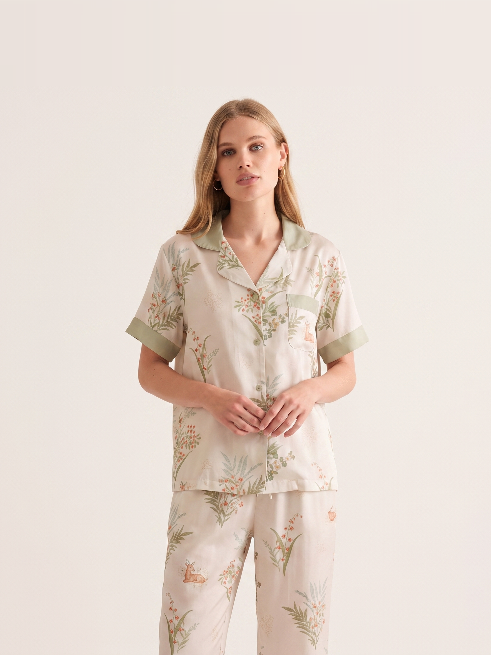 Bamboo Cotton Gauze Short Sleeve Pajama Set #color_Misty Garden