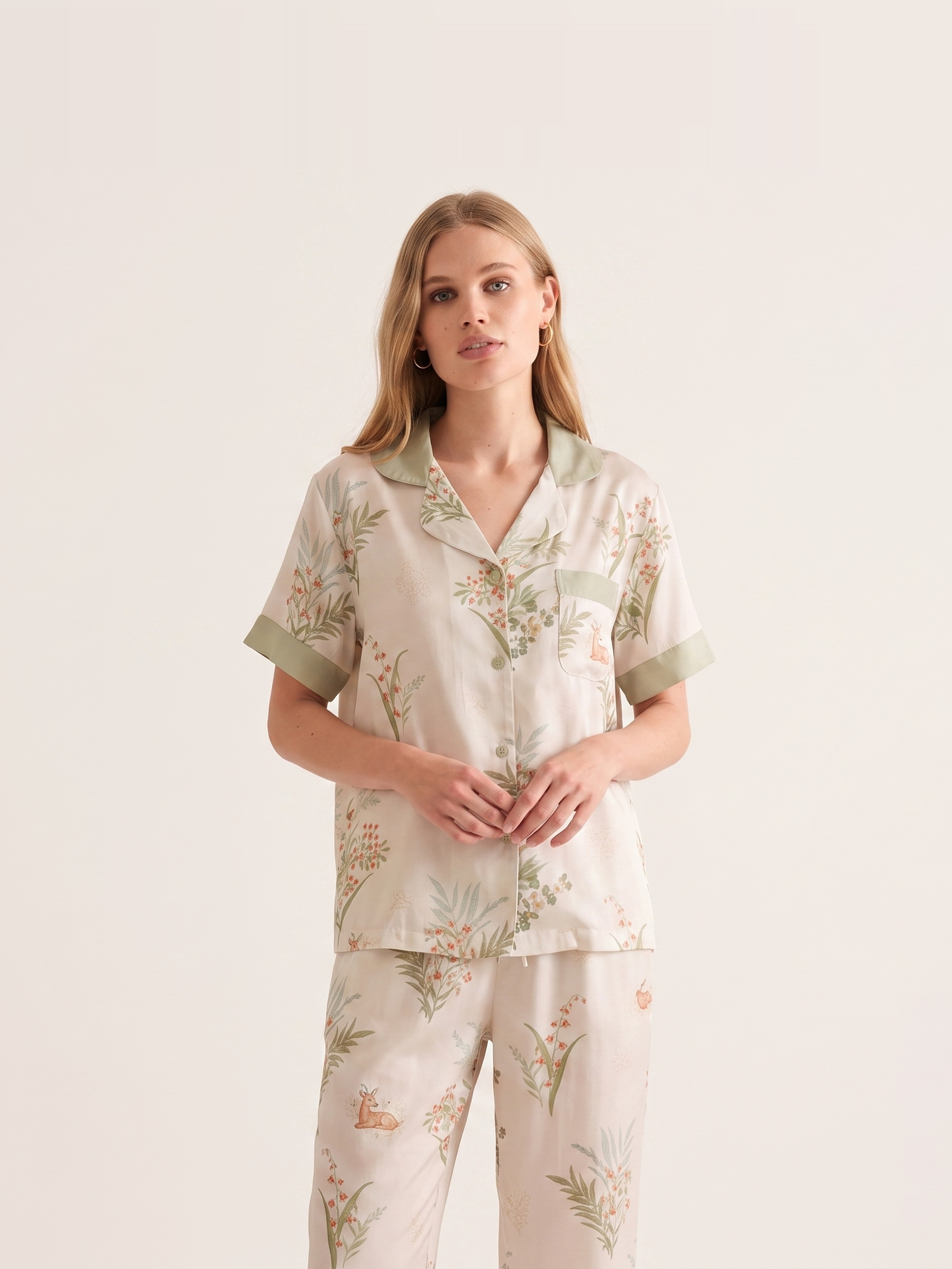 Bamboo Cotton Gauze Short Sleeve Pajama Set #color_Misty Garden