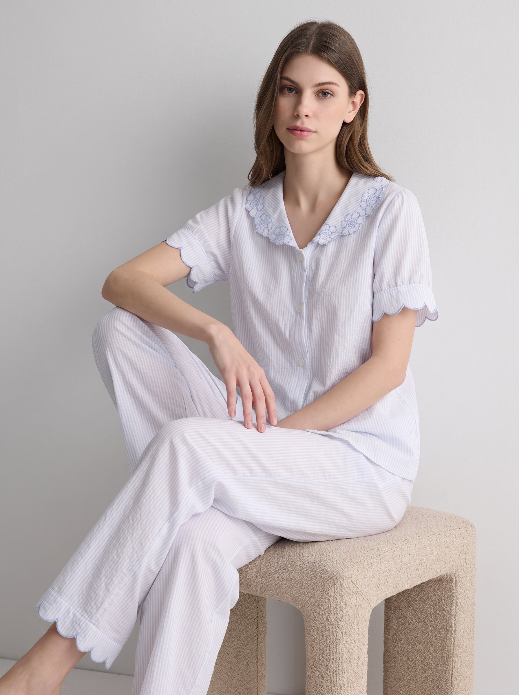 Cotton Gauze Short Sleeve Pajama Set #color_Misty Blue