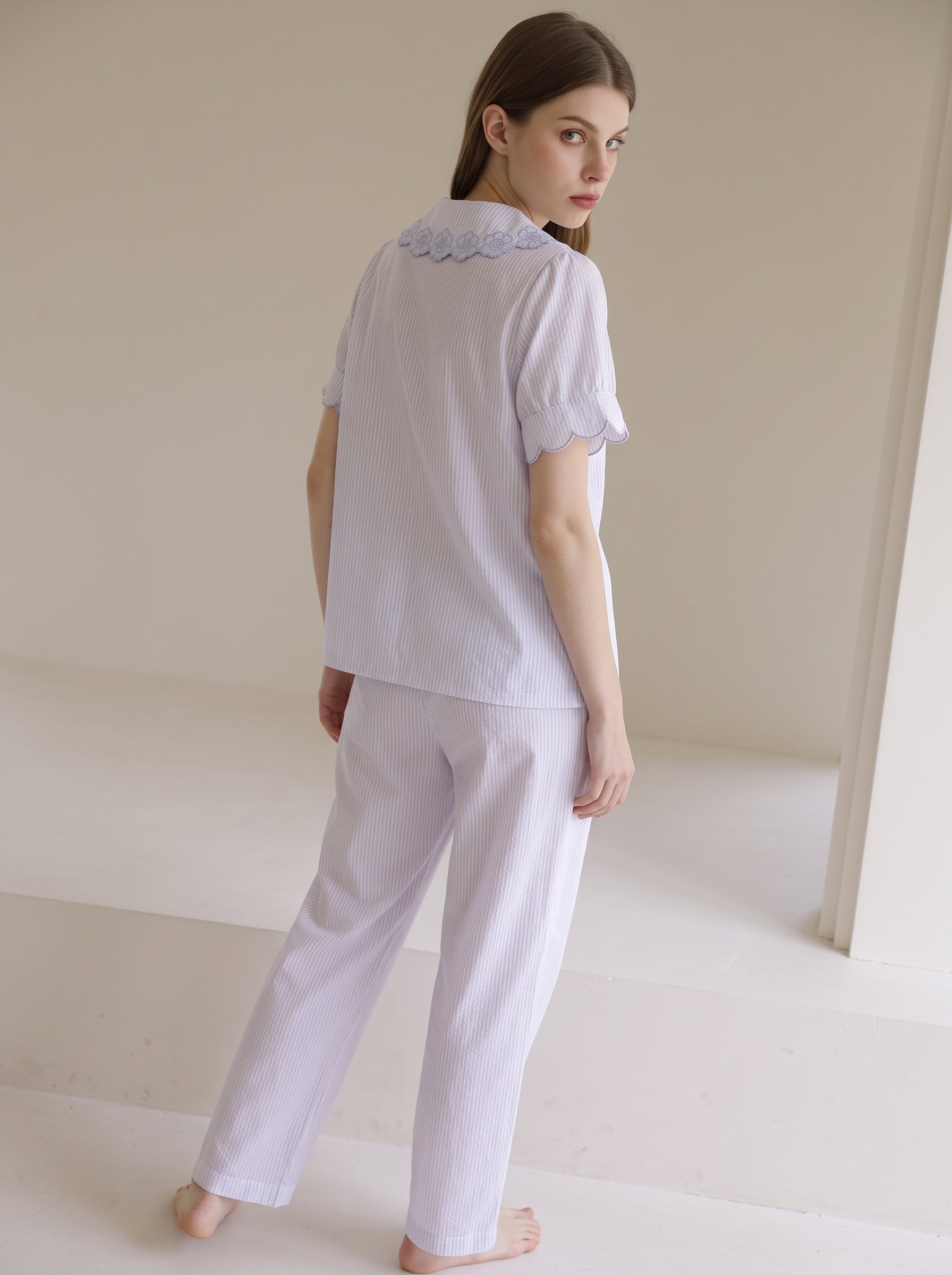 Cotton Gauze Short Sleeve Pajama Set #color_Misty Blue