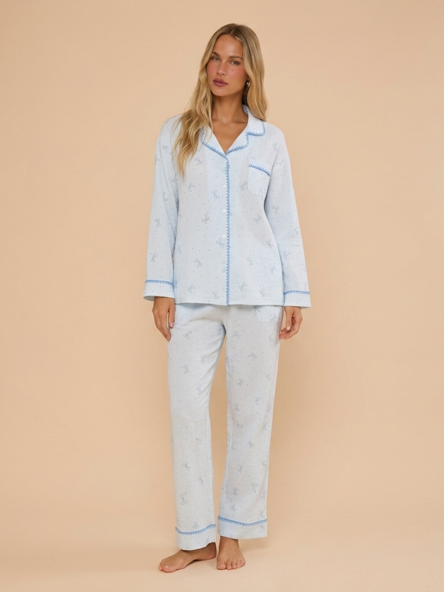 Bow Print Cotton Pajama Set #color_Light Blue