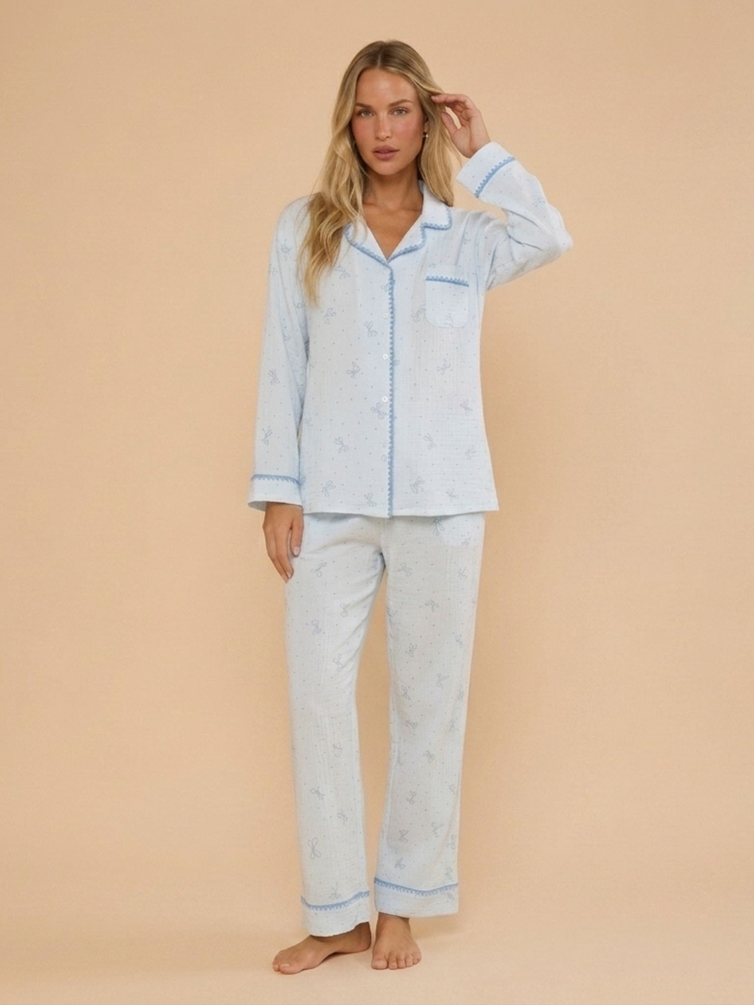 Bow Print Cotton Pajama Set #color_Light Blue