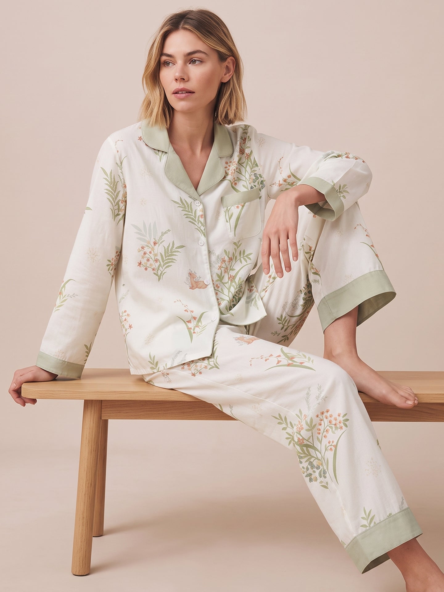 Bamboo Cotton Gauze Long Sleeve Pajama Set #color_Misty Garden