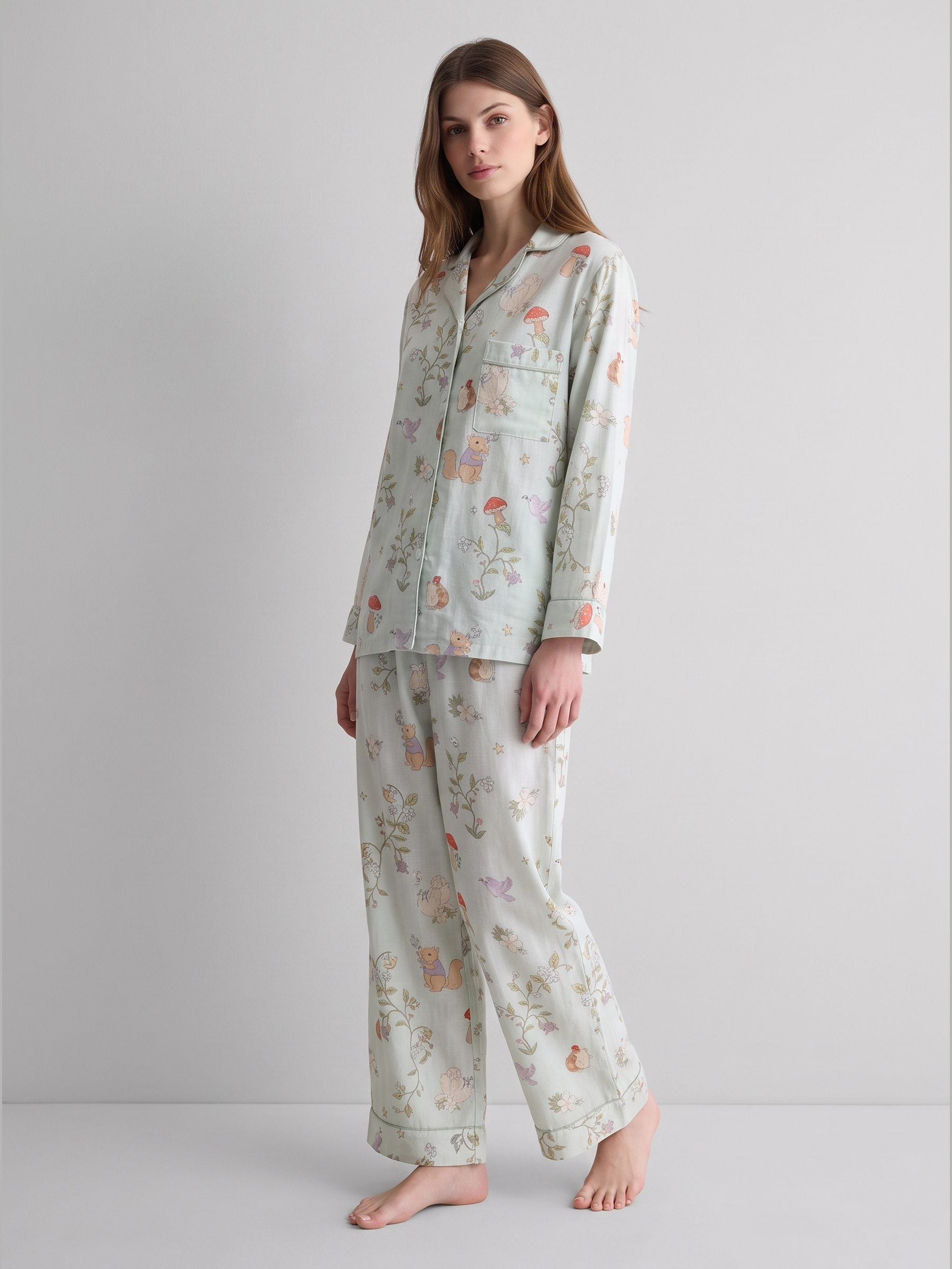 Bamboo Cotton Gauze Woodland Long Sleeve Pajama Set #color_Woodland Print