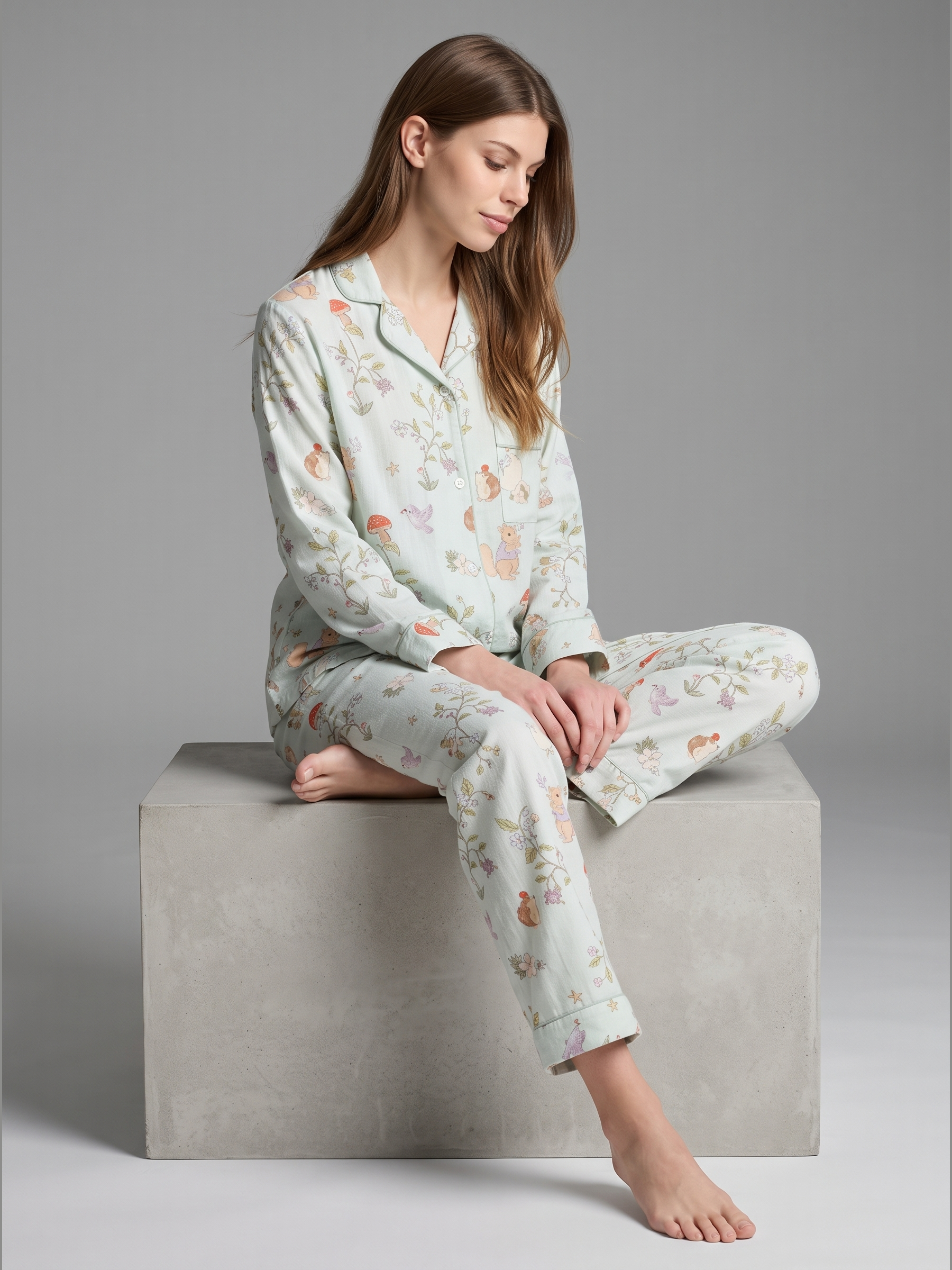 Bamboo Cotton Gauze Woodland Long Sleeve Pajama Set #color_Woodland Print