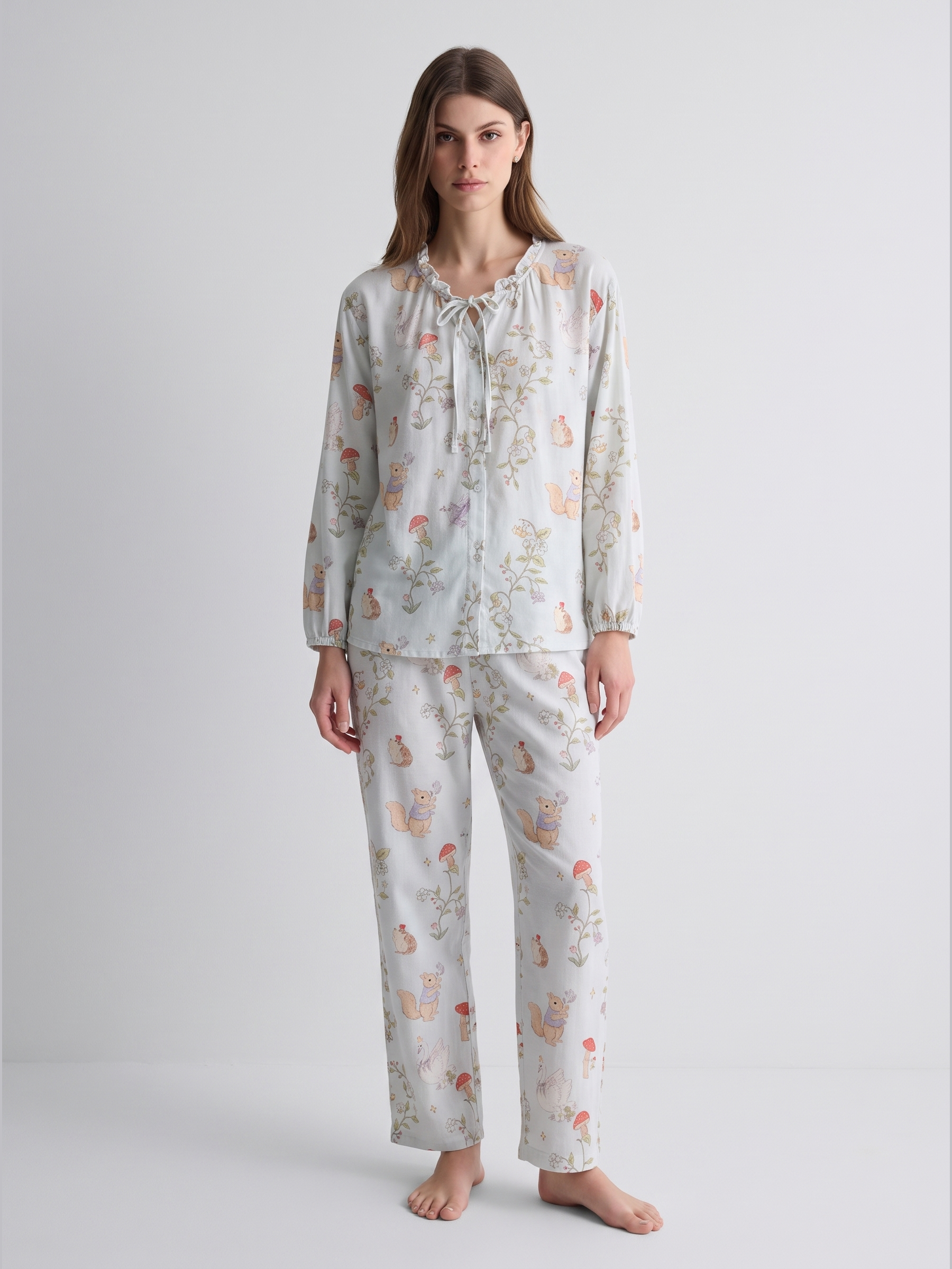 Bamboo Cotton Gauze Tie-Neck Long Sleeve Pajama Set #color_Woodland Print