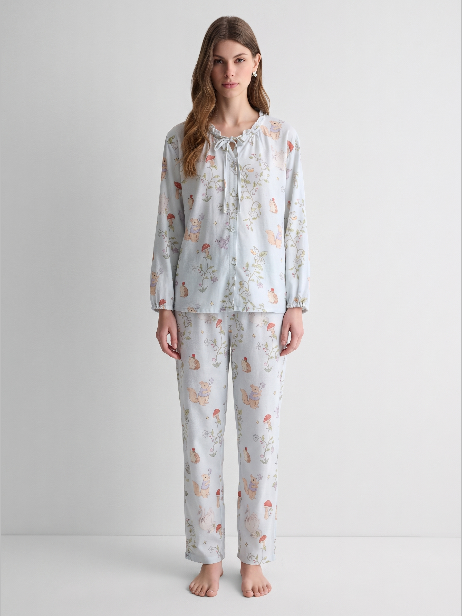 Bamboo Cotton Gauze Tie-Neck Long Sleeve Pajama Set #color_Woodland Print