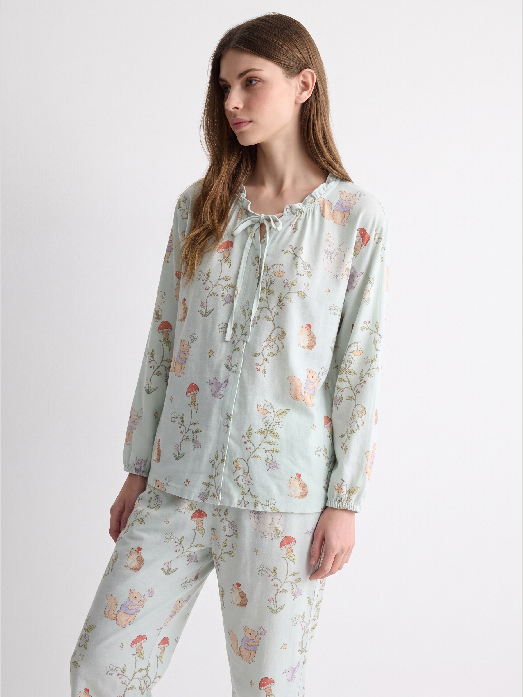 Bamboo Cotton Gauze Tie-Neck Long Sleeve Pajama Set #color_Woodland Print