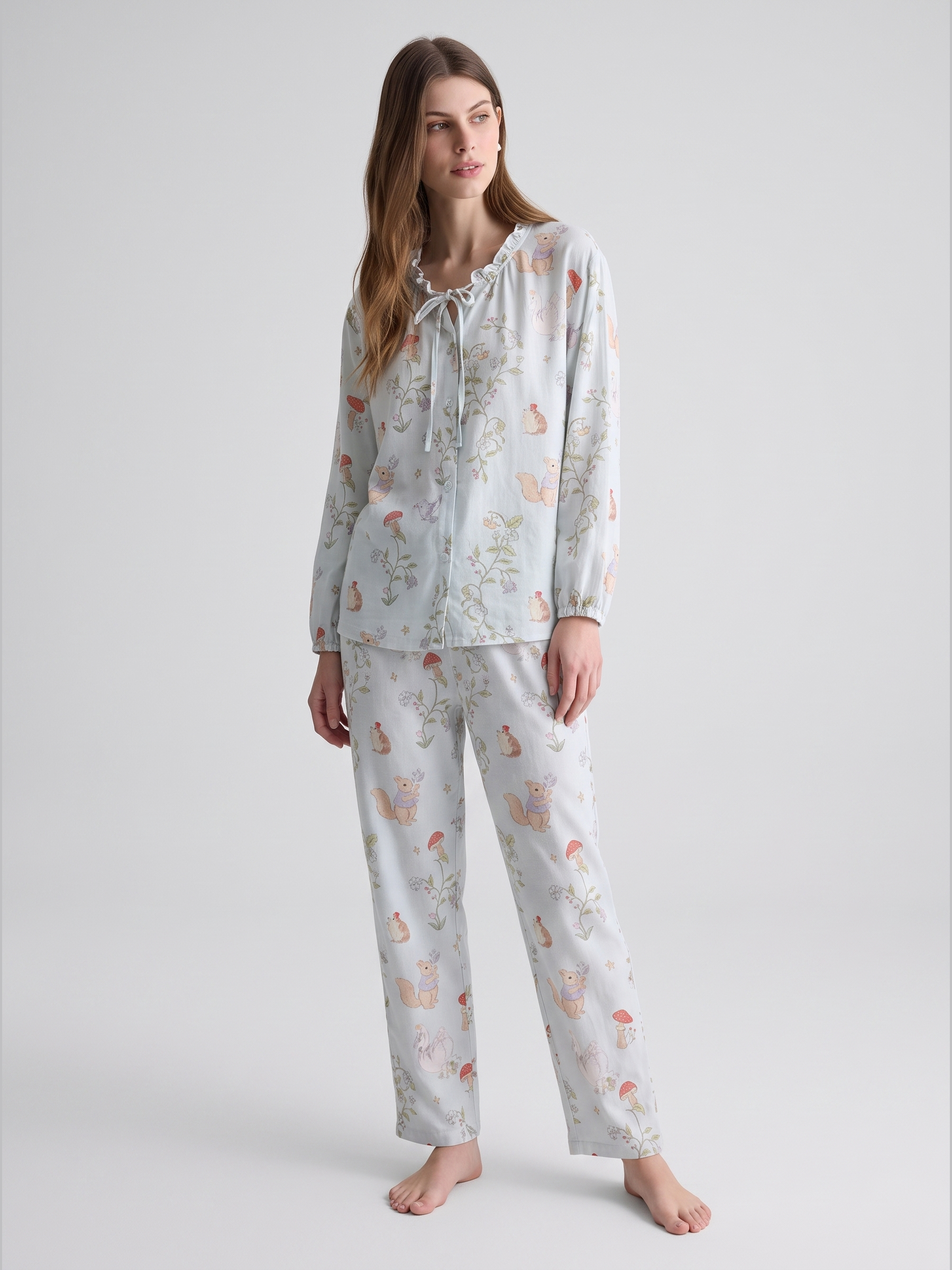 Bamboo Cotton Gauze Tie-Neck Long Sleeve Pajama Set #color_Woodland Print