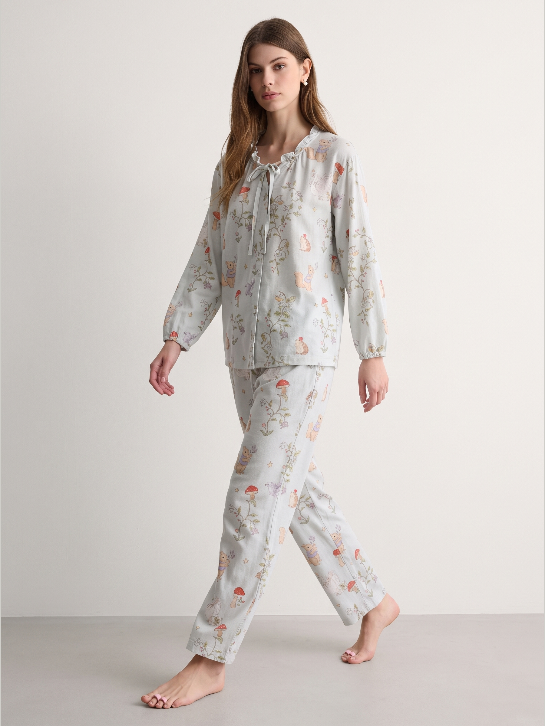Bamboo Cotton Gauze Tie-Neck Long Sleeve Pajama Set #color_Woodland Print