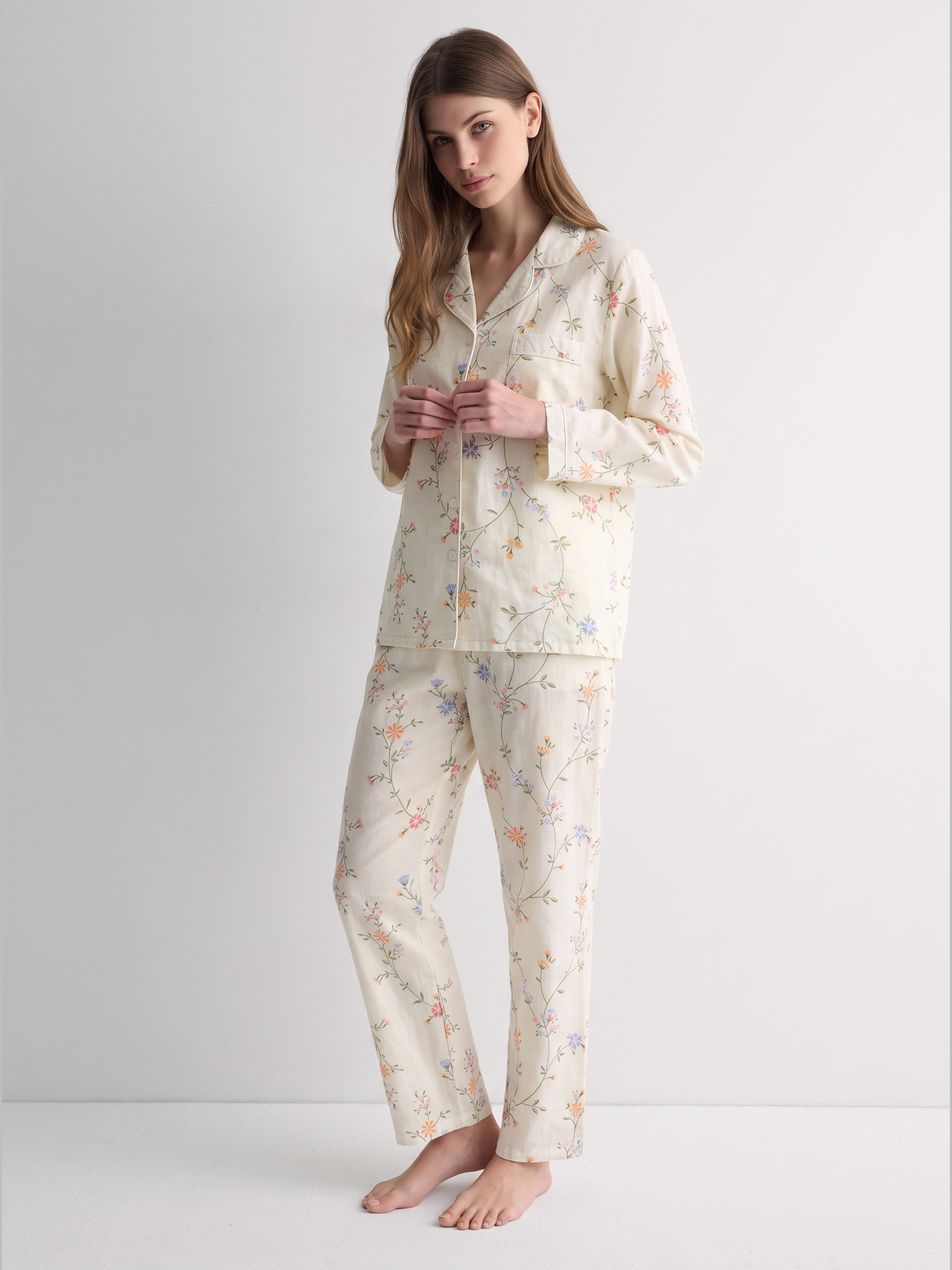 Floral Cotton Gauze Long Sleeve Pajama Set #color_Tiny Floral