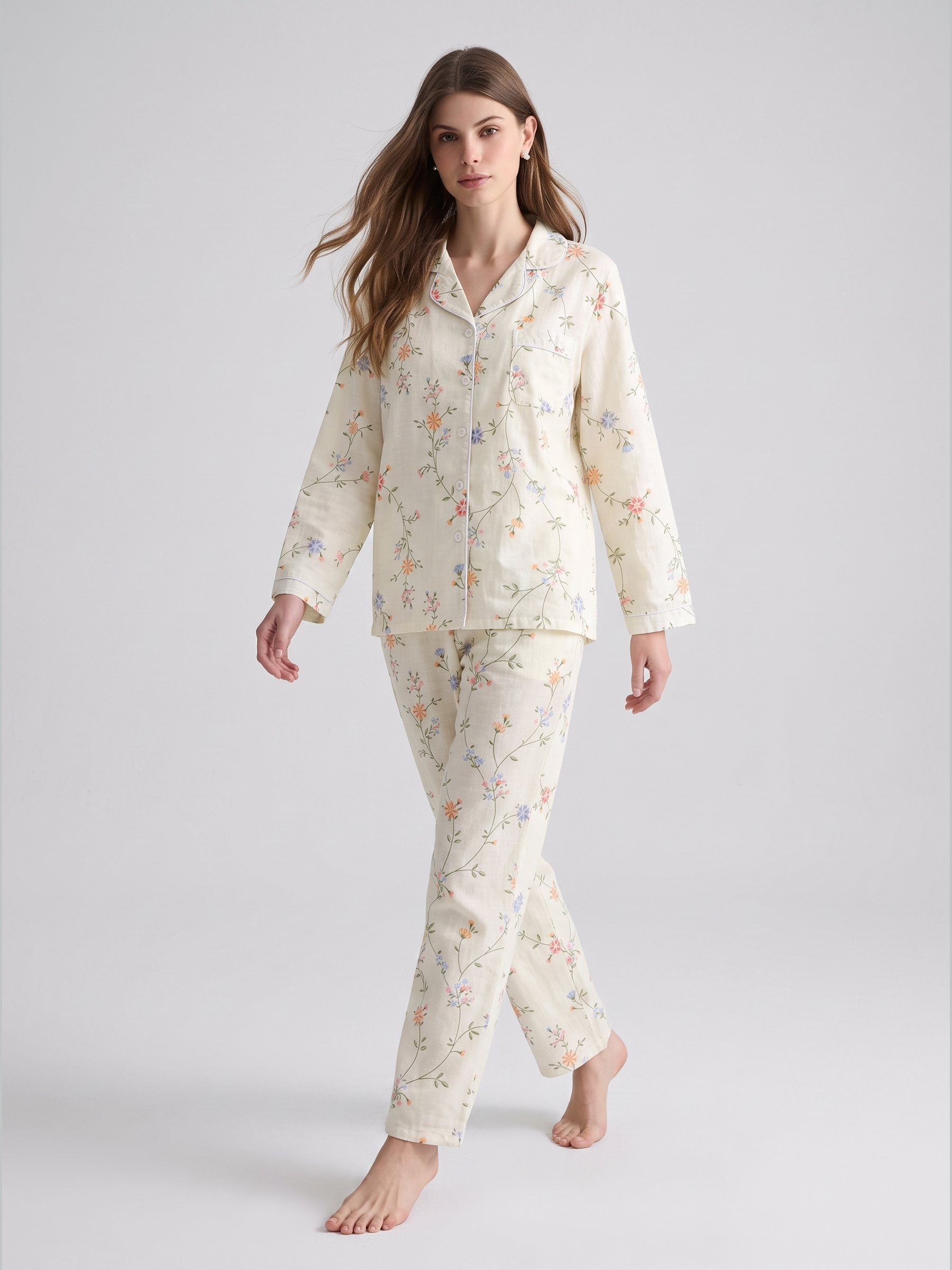 Floral Cotton Gauze Long Sleeve Pajama Set #color_Tiny Floral