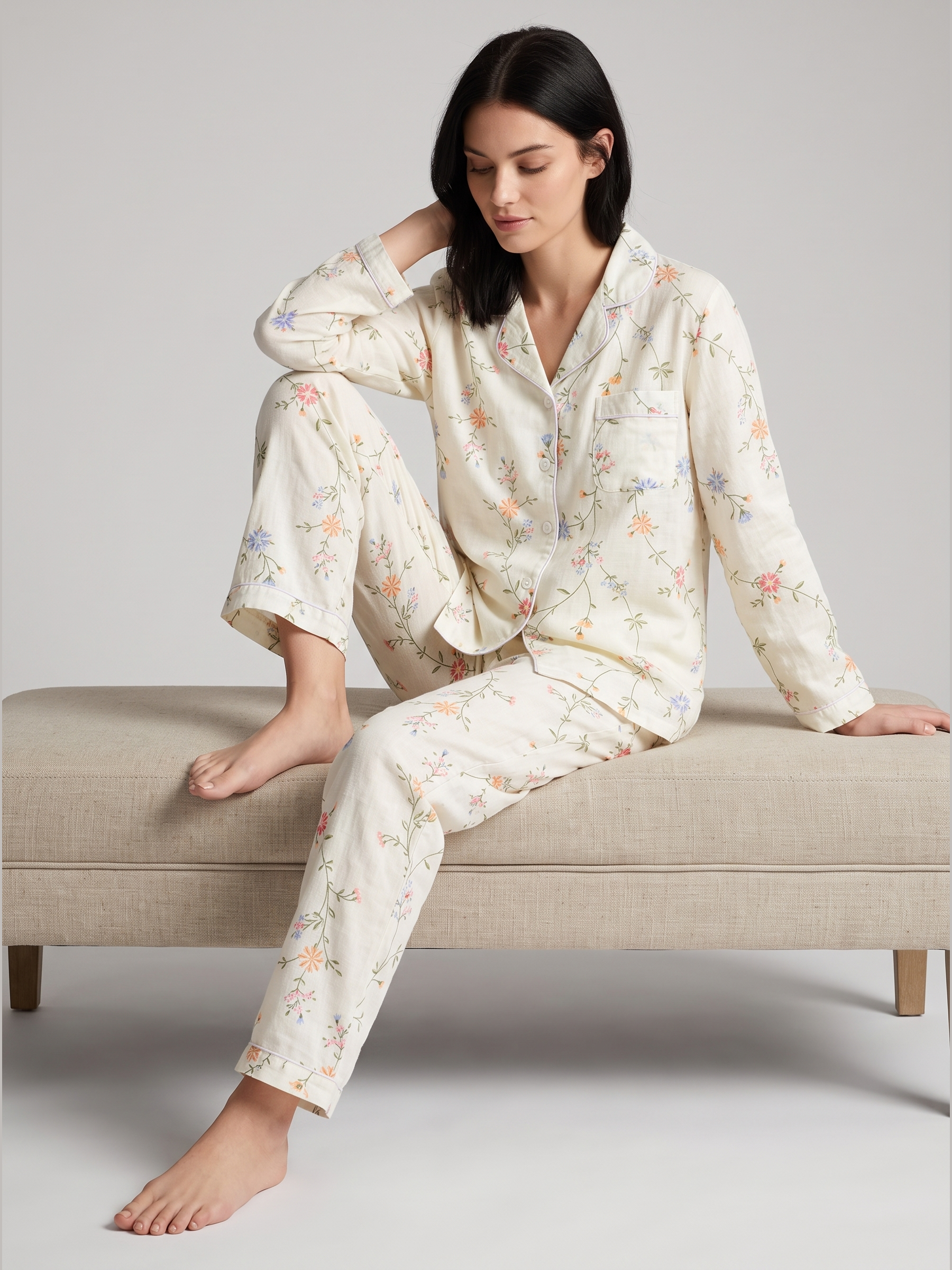 Floral Cotton Gauze Long Sleeve Pajama Set #color_Tiny Floral