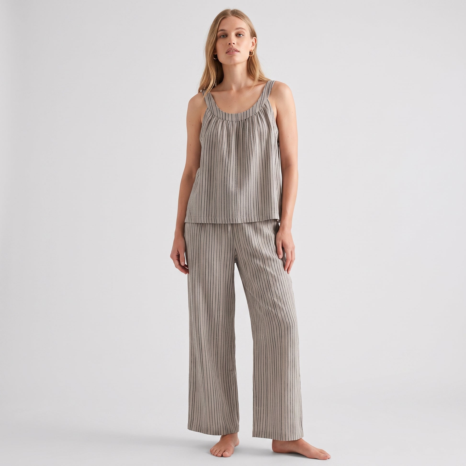 Striped Cotton Cami Pajama Set #color_Brown Stripe