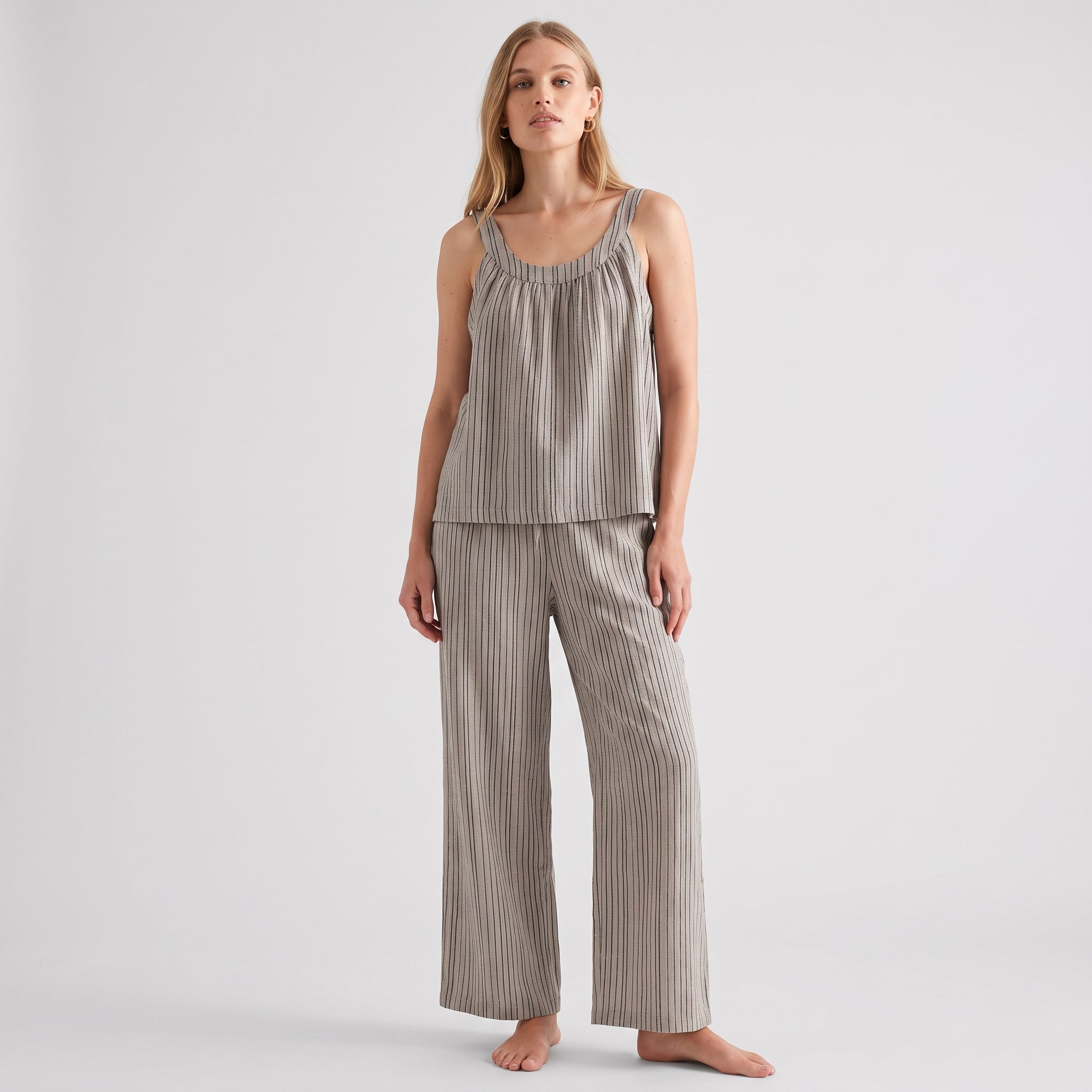 Striped Cotton Cami Pajama Set #color_Brown Stripe