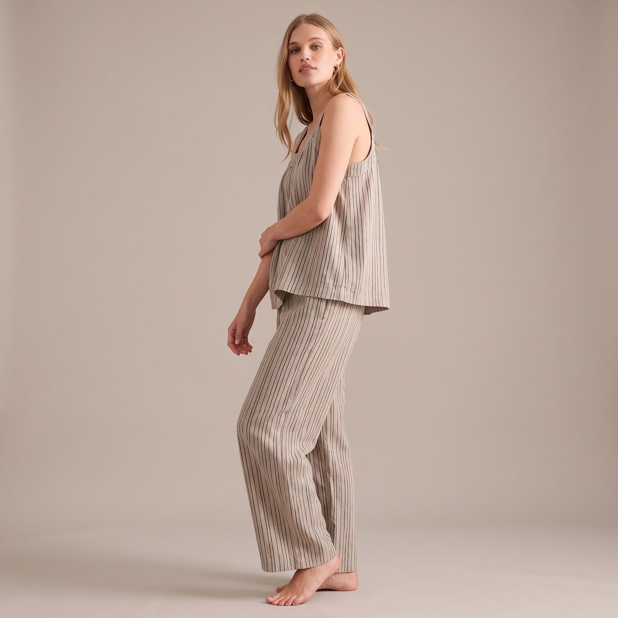 Striped Cotton Cami Pajama Set #color_Brown Stripe