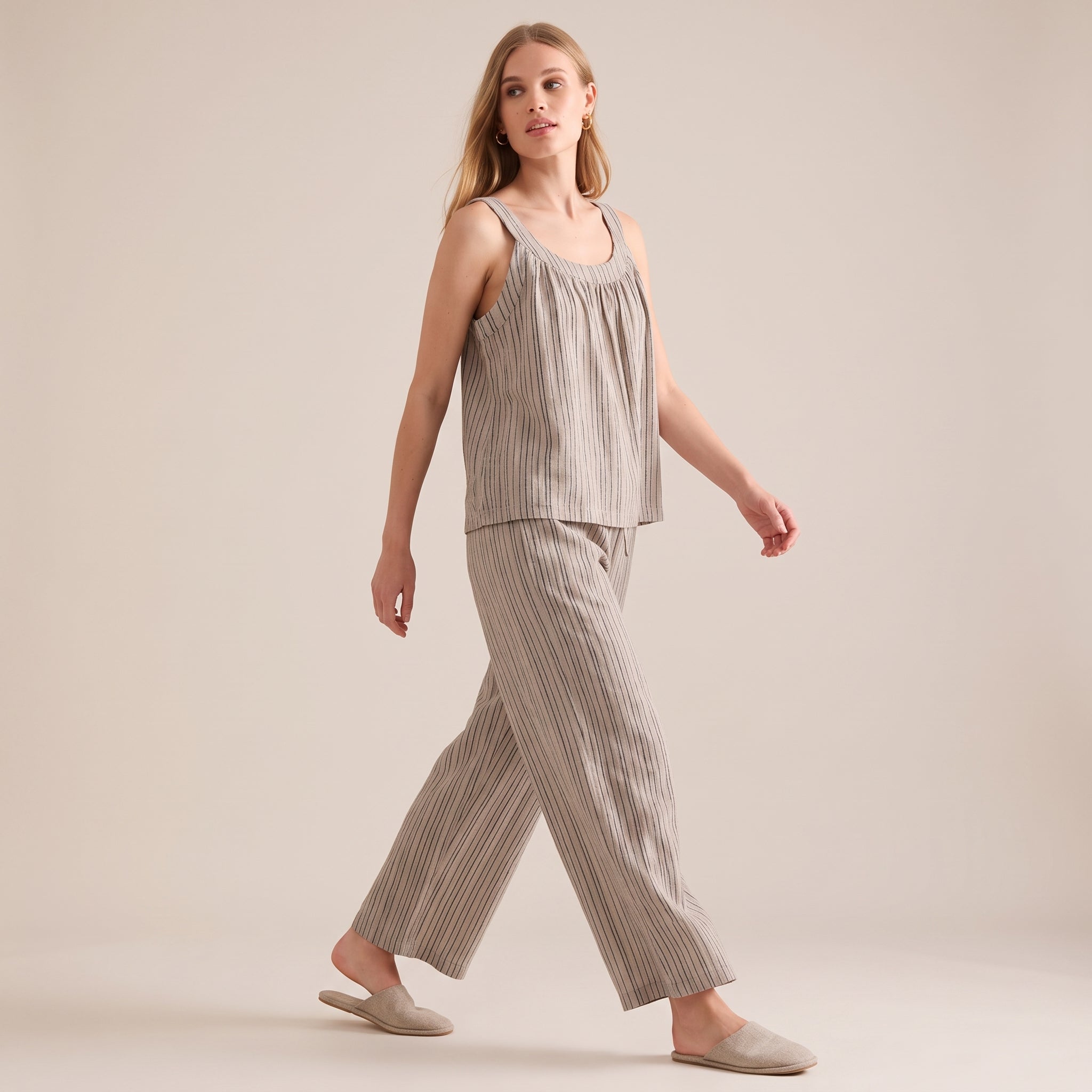 Striped Cotton Cami Pajama Set #color_Brown Stripe