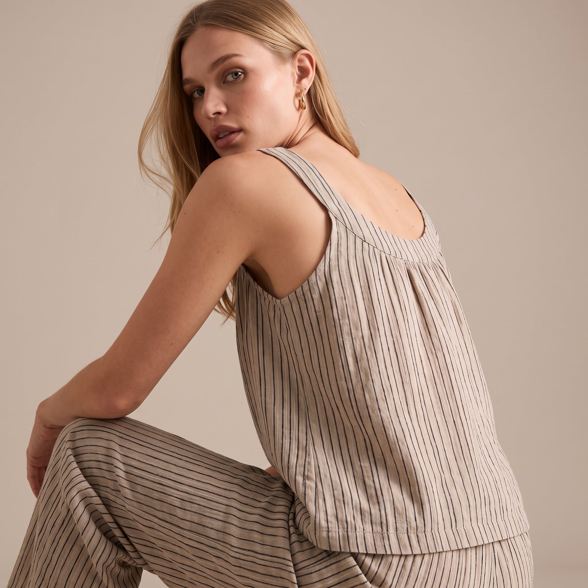 Striped Cotton Cami Pajama Set #color_Brown Stripe