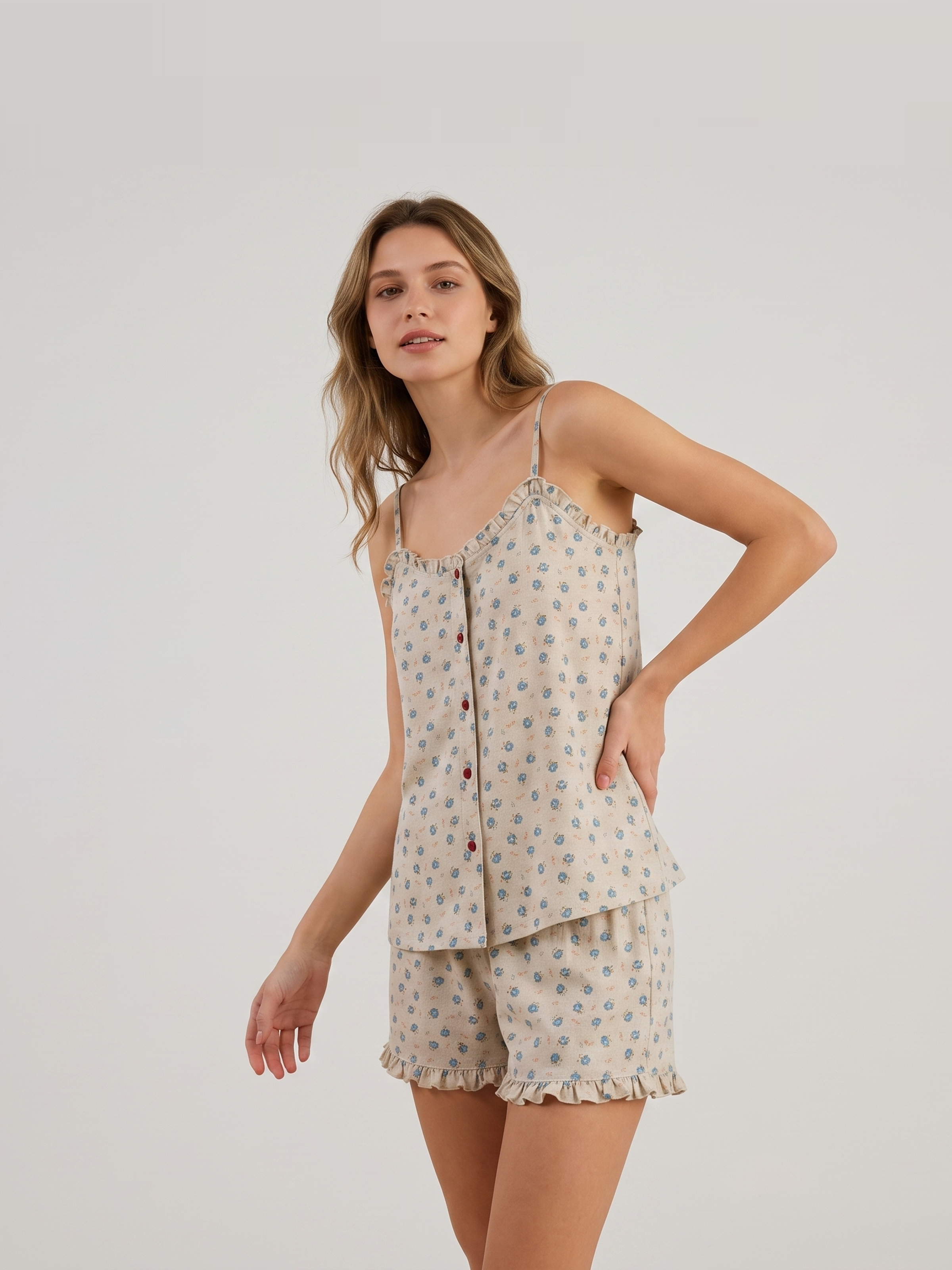 Slub Cotton Cami Pajama Set #color_Blue Floral