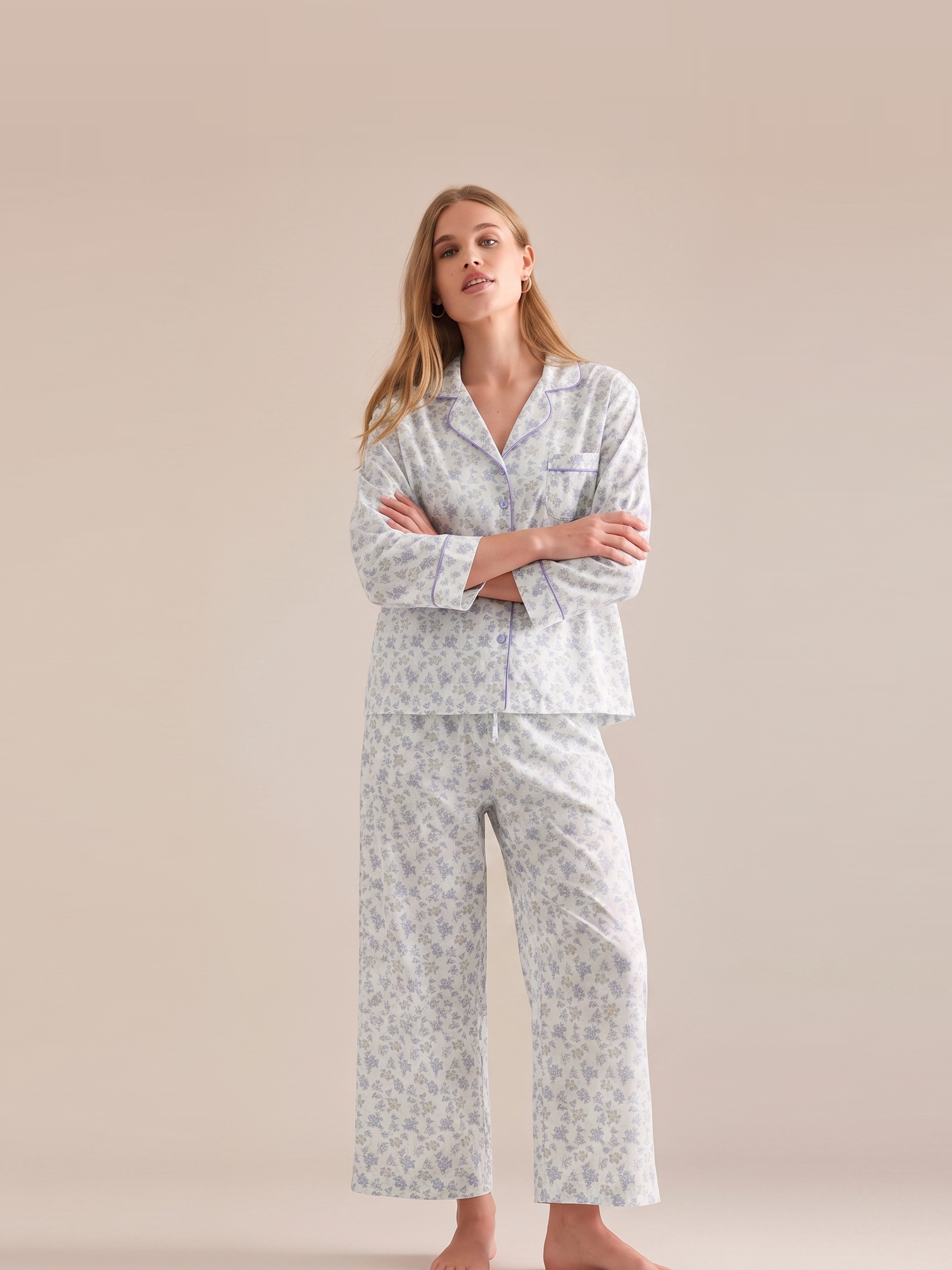 Cotton Floral Short Sleeve Pajama Set #color_Lilac Floral