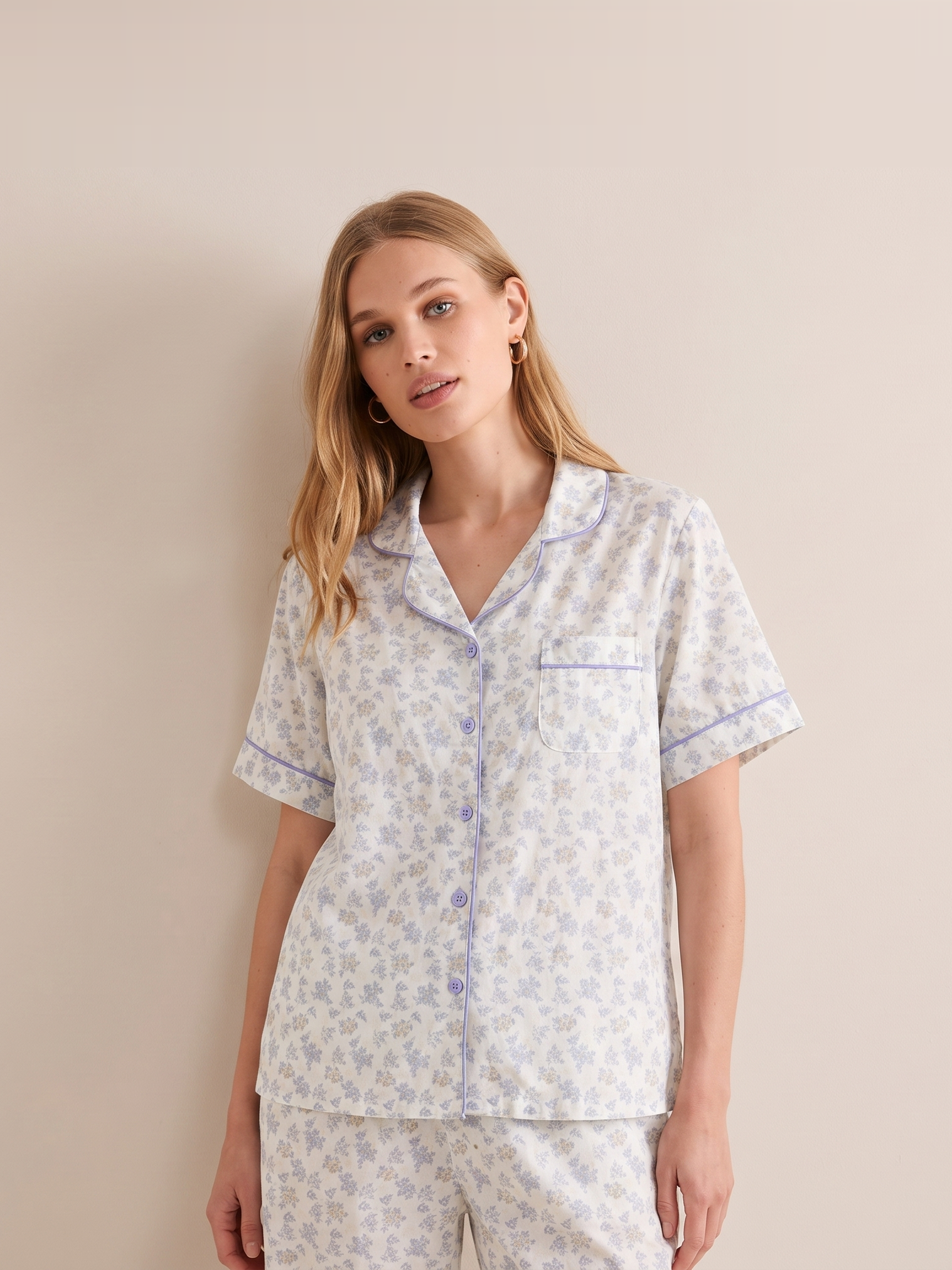 Cotton Floral Short Sleeve Pajama Set #color_Lilac Floral