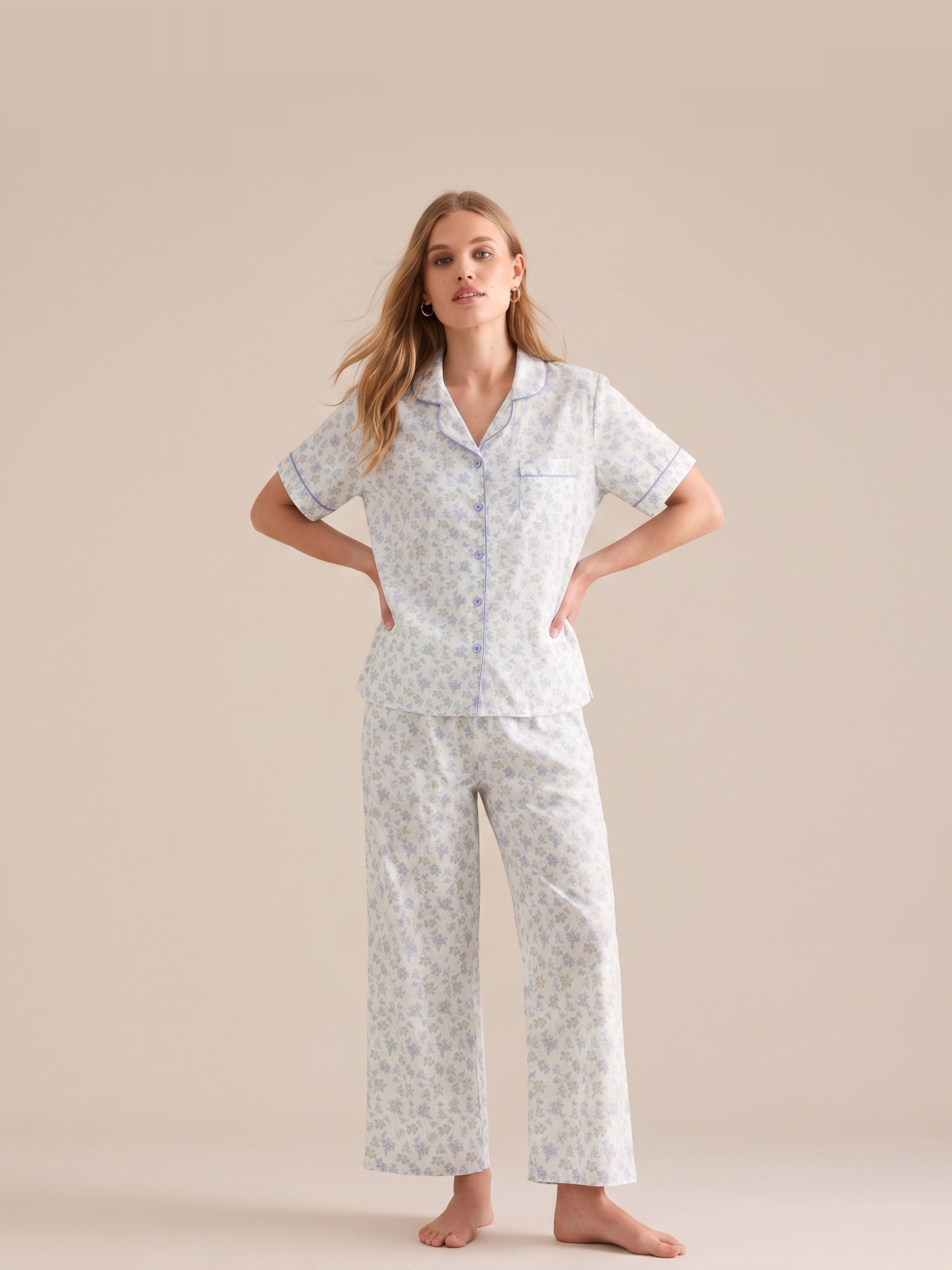 Cotton Floral Short Sleeve Pajama Set #color_Lilac Floral