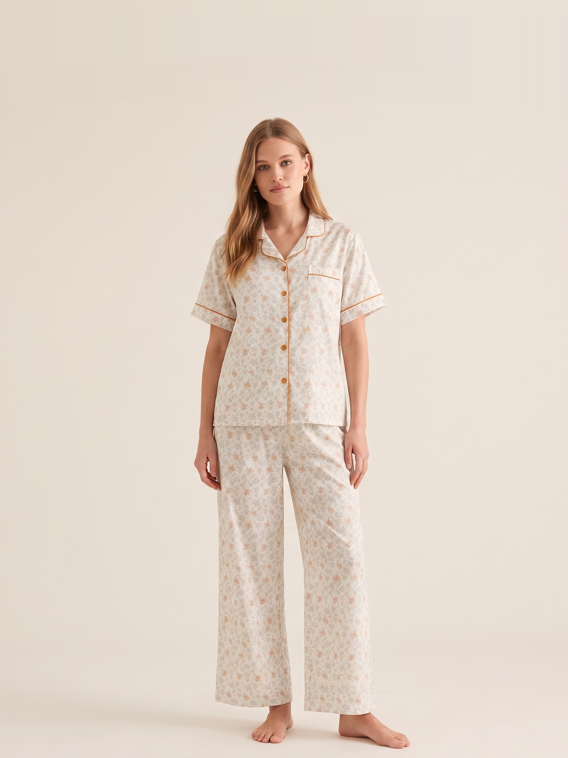 Cotton Floral Short Sleeve Pajama Set #color_Marigold Floral