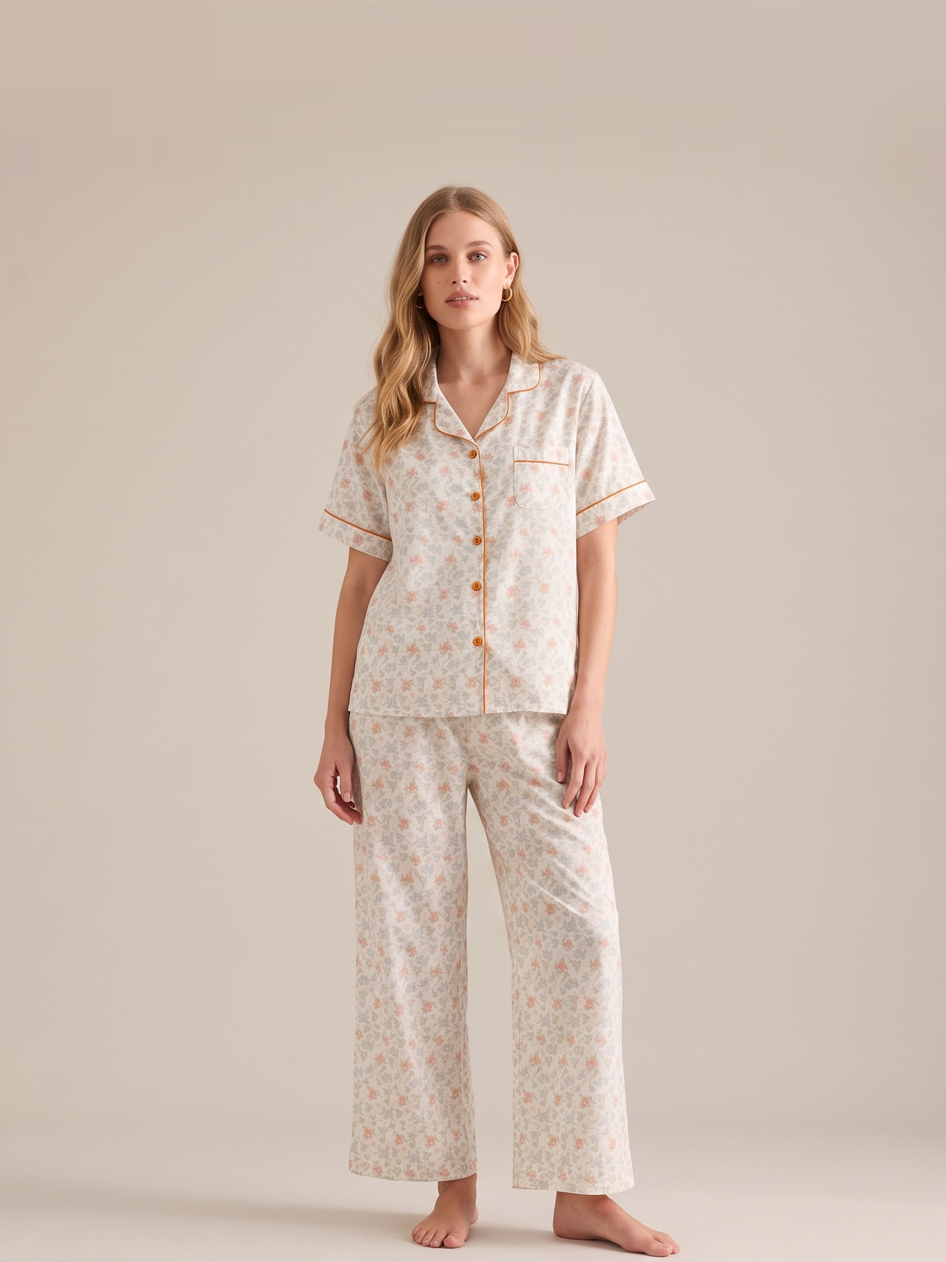 Cotton Floral Short Sleeve Pajama Set #color_Marigold Floral