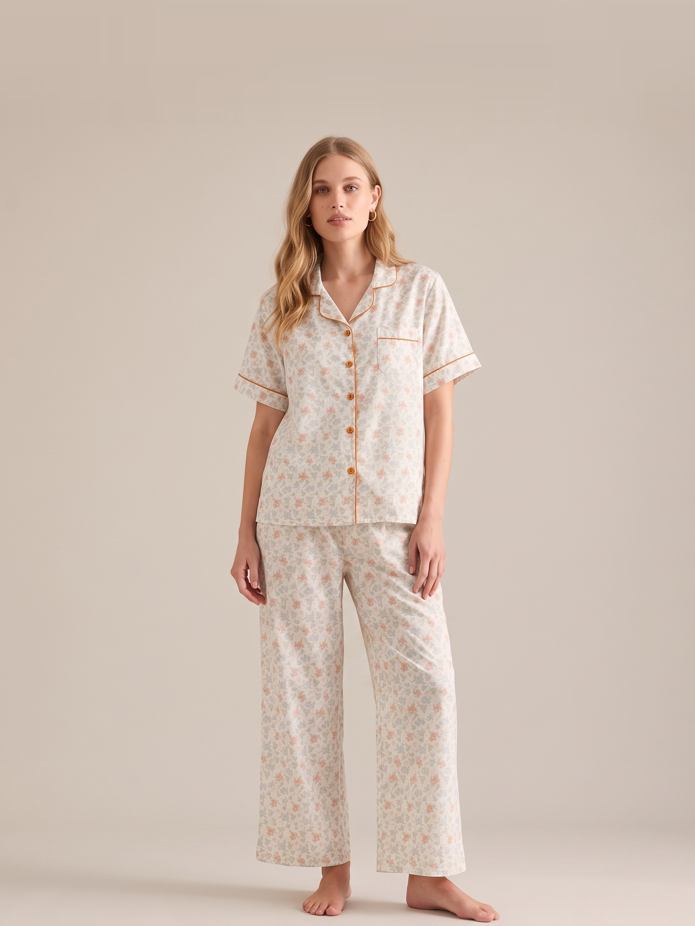 Cotton Floral Short Sleeve Pajama Set #color_Marigold Floral