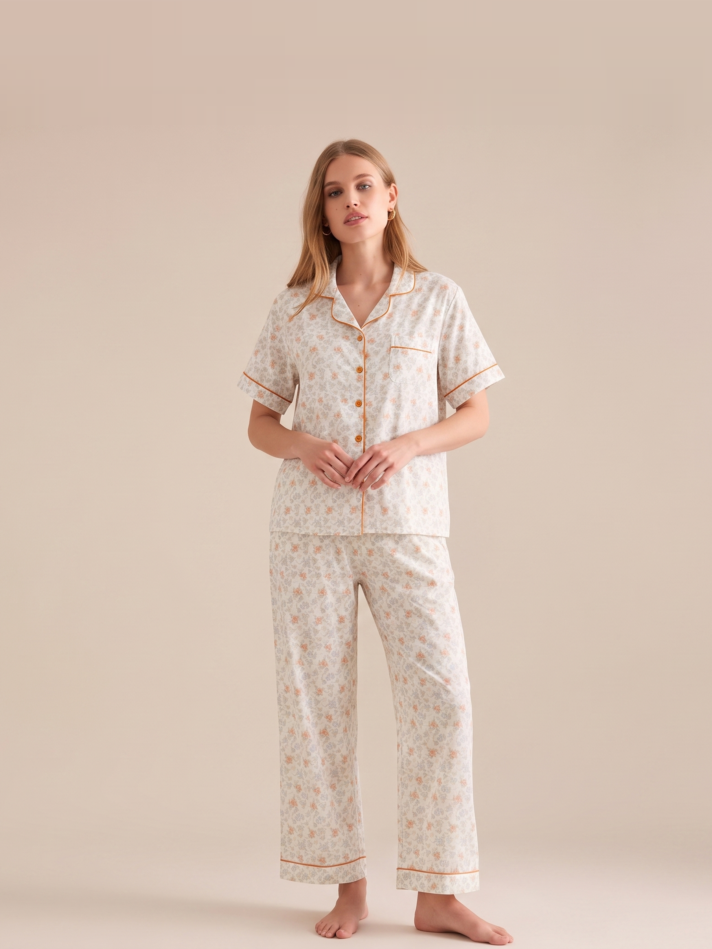 Cotton Floral Short Sleeve Pajama Set #color_Marigold Floral