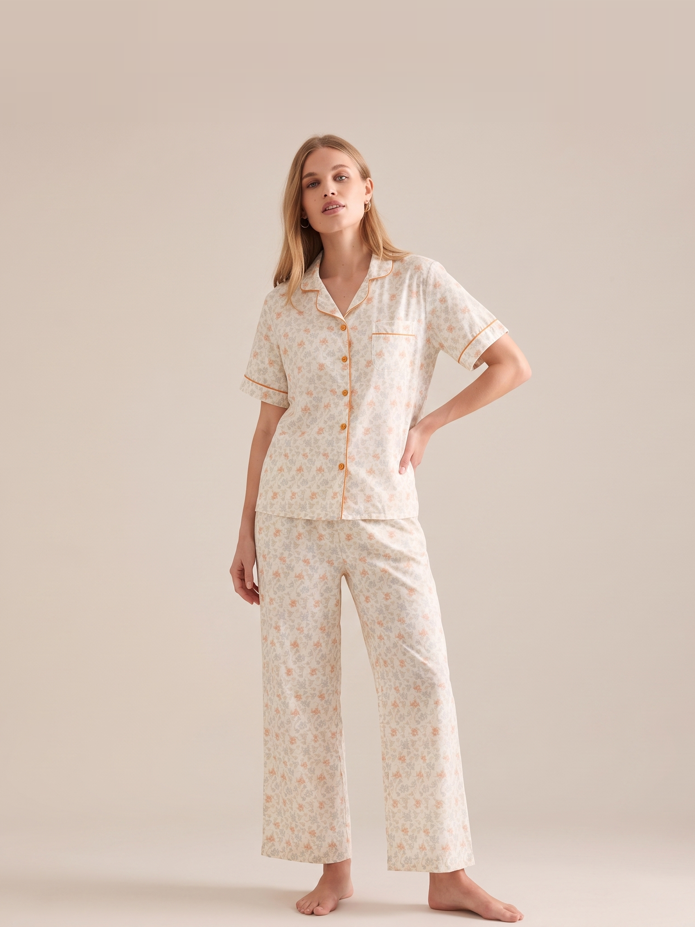 Cotton Floral Short Sleeve Pajama Set #color_Marigold Floral