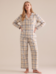 Washed Cotton Gauze Plaid Pajama Set #color_Yellow & Blue Plaid