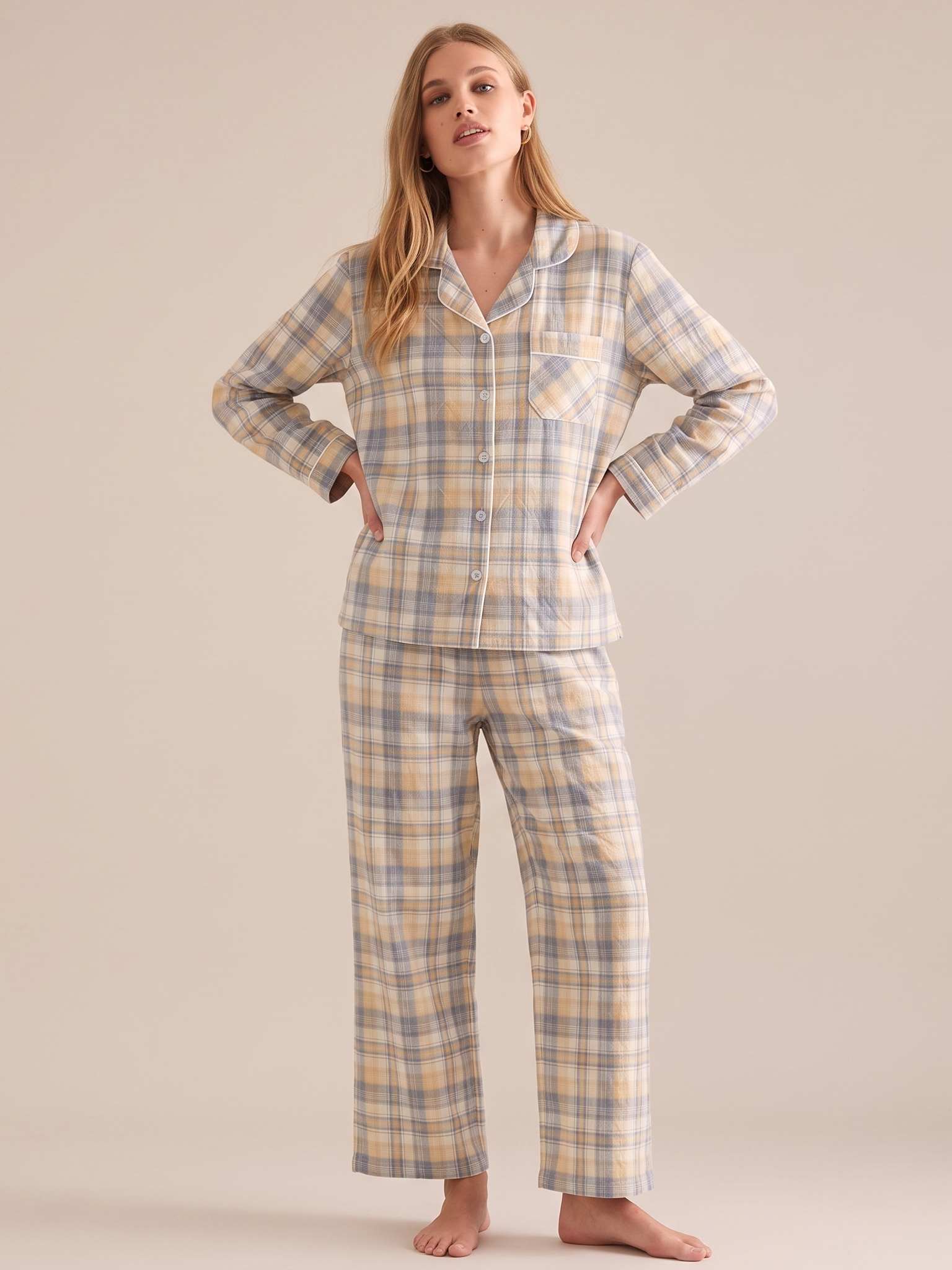 Washed Cotton Gauze Plaid Pajama Set #color_Yellow & Blue Plaid