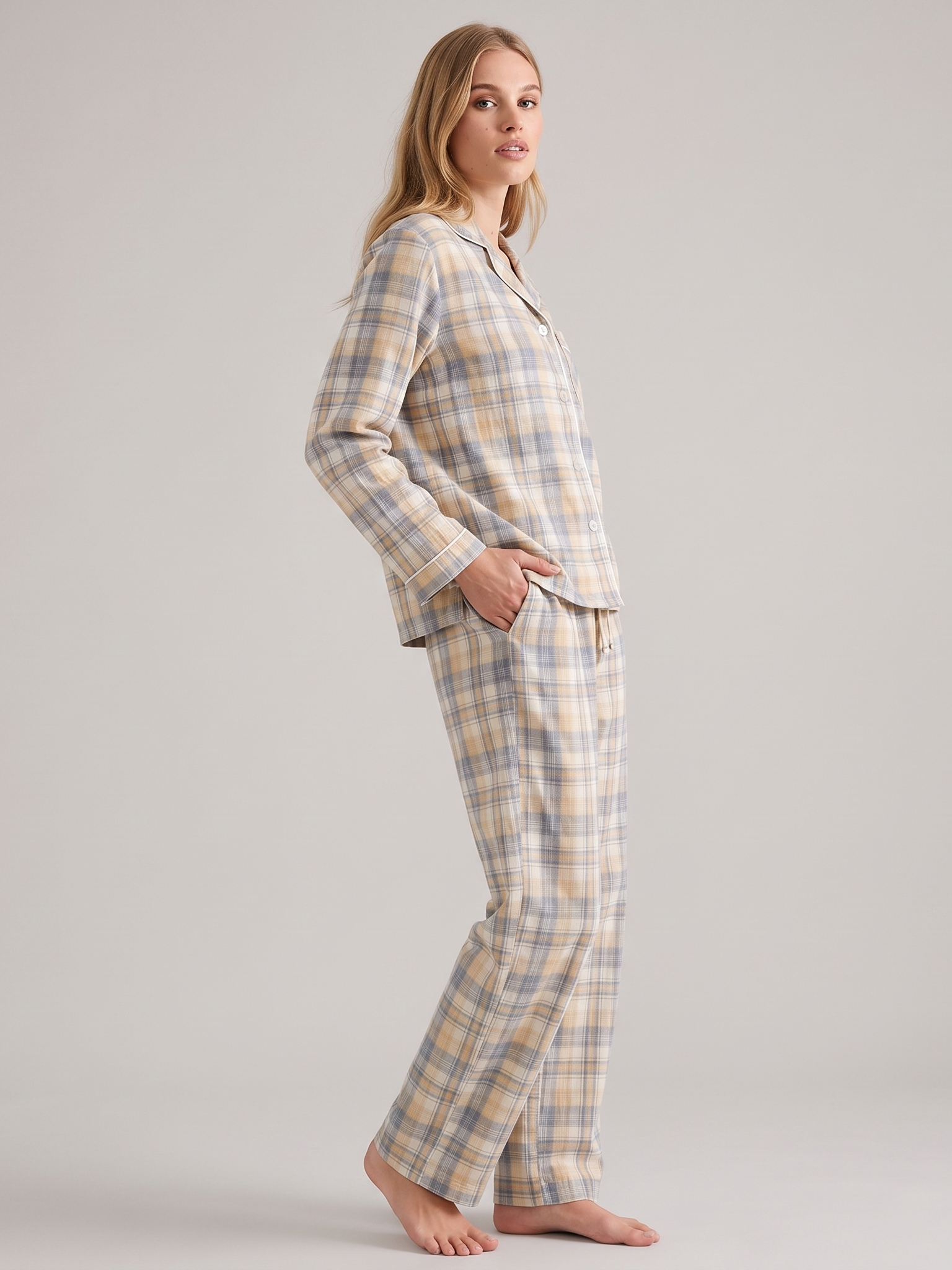Washed Cotton Gauze Plaid Pajama Set #color_Yellow & Blue Plaid